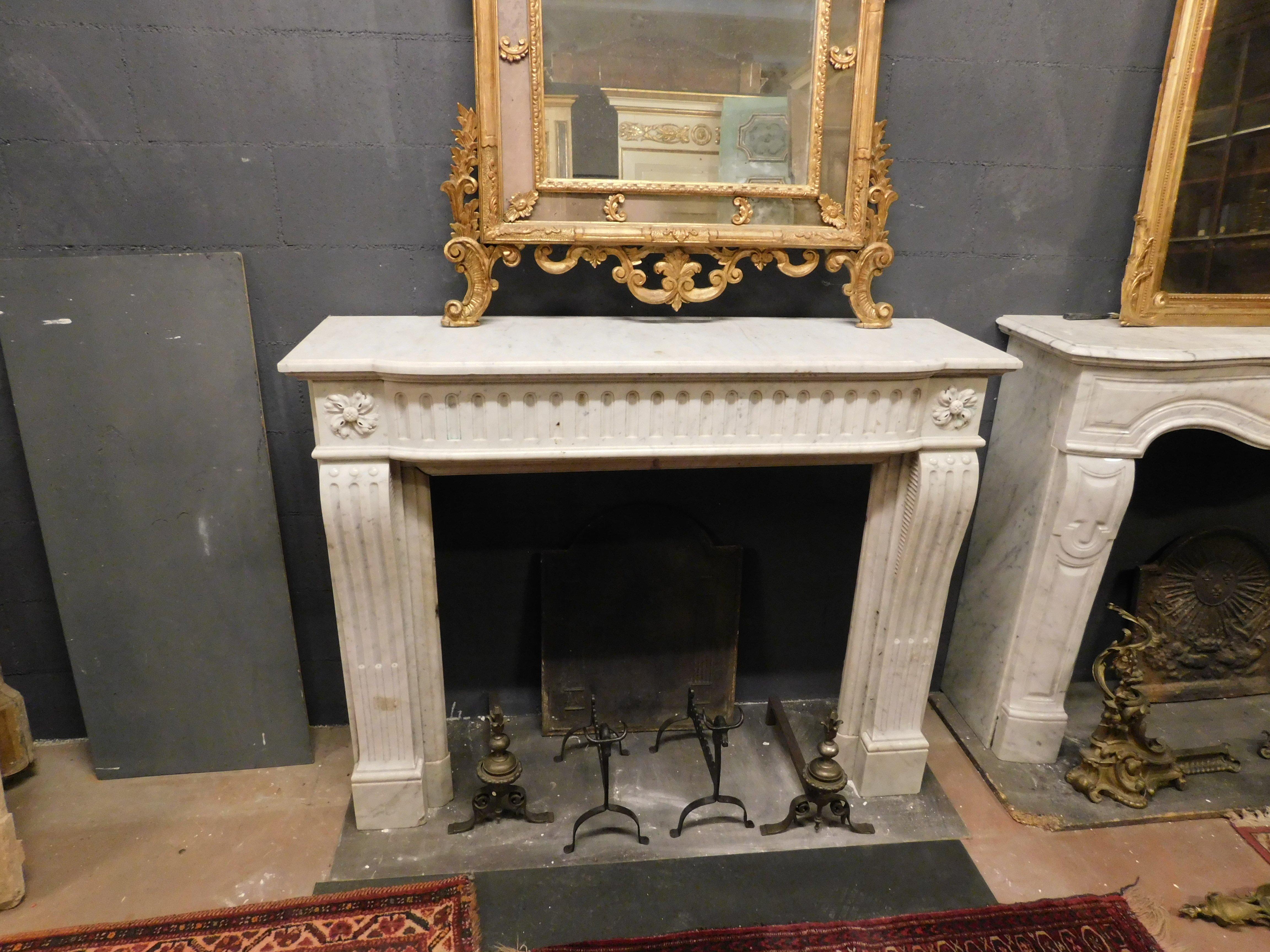 Fireplace in White Carrara Marble, Carved Flowers and Decorations, '700 France For Sale 5