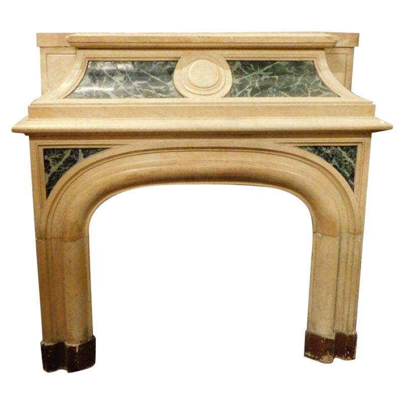 Fireplace mantel carved in yellow marble, green lacquered, Italy