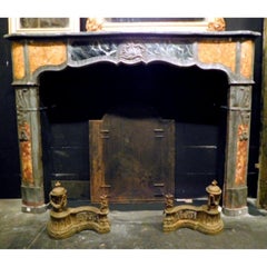 Fireplace mantel in Inlaid Gray, Black and Yellow Marble, carved Shell, Italy