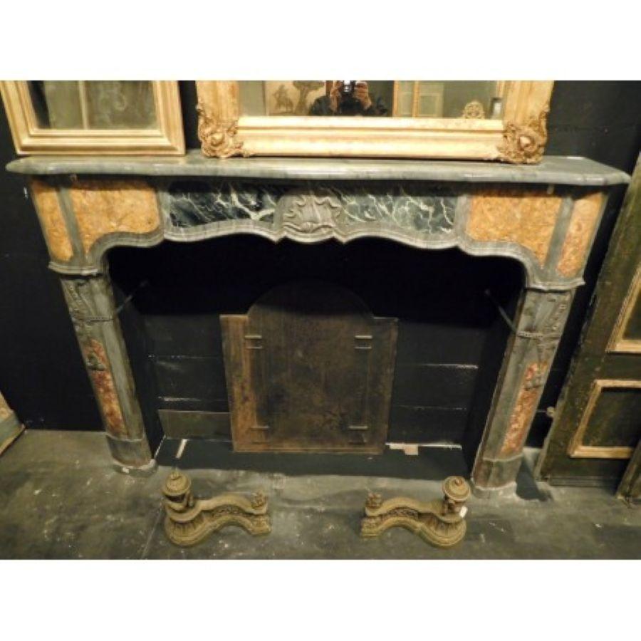 Italian Fireplace mantel in Inlaid Gray, Black and Yellow Marble, carved Shell, Italy For Sale