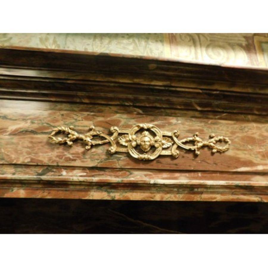 Hand-Carved Fireplace mantel in Levanto Red Marble, Applied Bronzes Empire Style, Italy For Sale