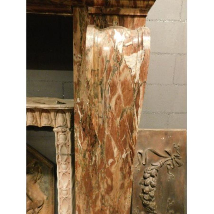 Mid-19th Century Fireplace mantel in Levanto Red Marble, Applied Bronzes Empire Style, Italy For Sale