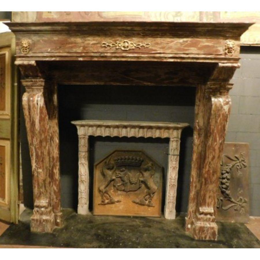 Fireplace mantel in Levanto Red Marble, Applied Bronzes Empire Style, Italy For Sale 1
