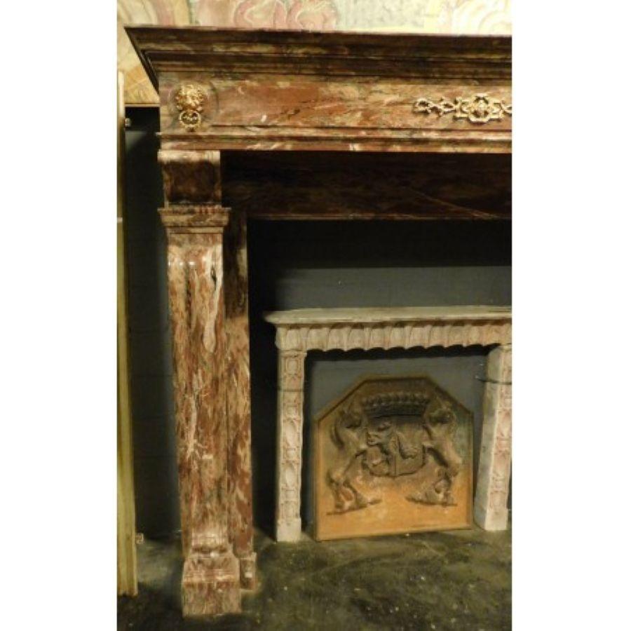 Fireplace mantel in Levanto Red Marble, Applied Bronzes Empire Style, Italy For Sale 2