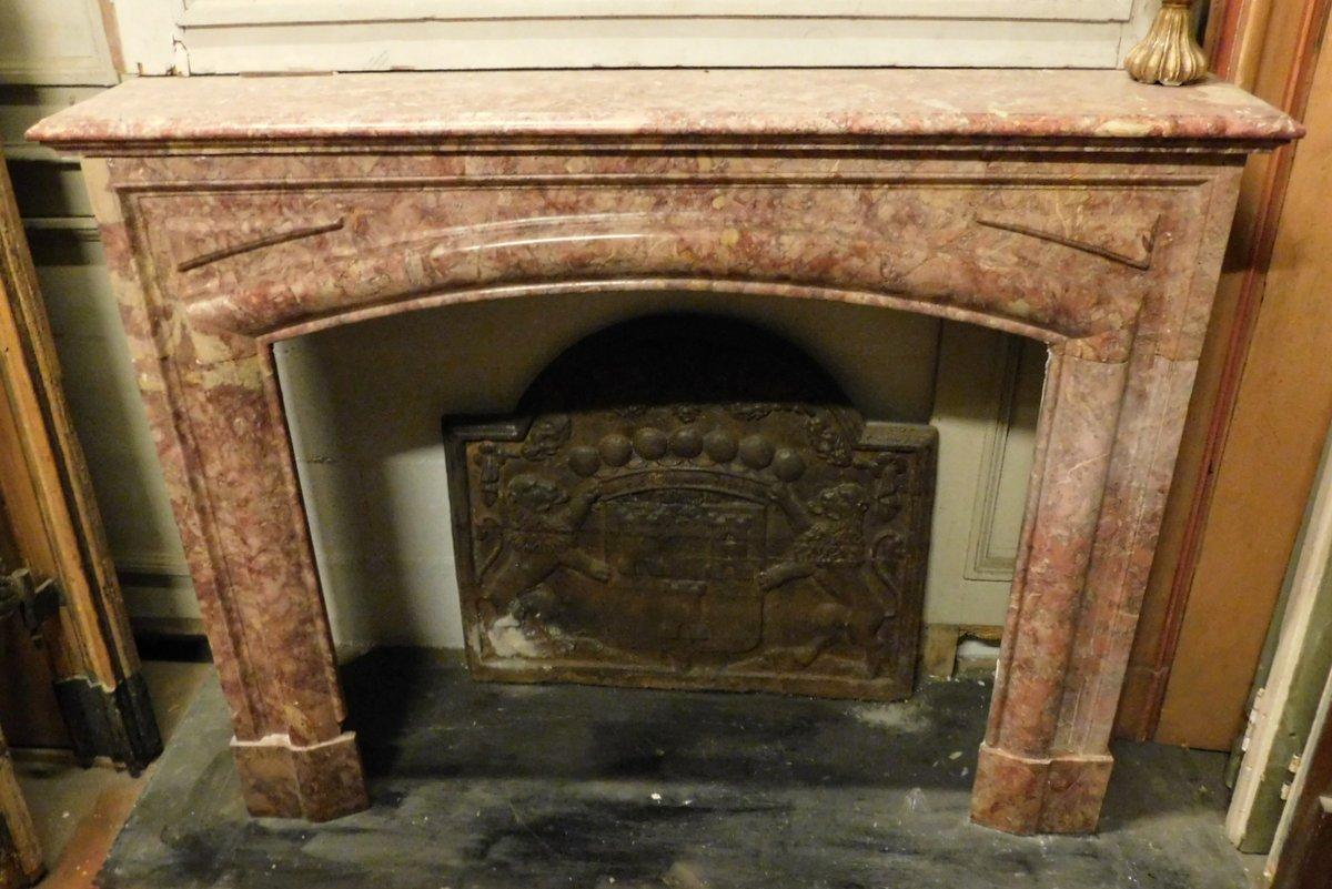 Italian Fireplace Mantel in Red Marble, carved Linear, Italy For Sale