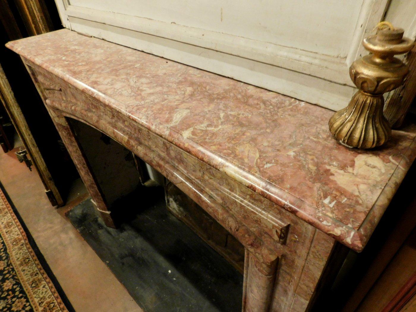 Breccia Marble Fireplace Mantel in Red Marble, carved Linear, Italy For Sale