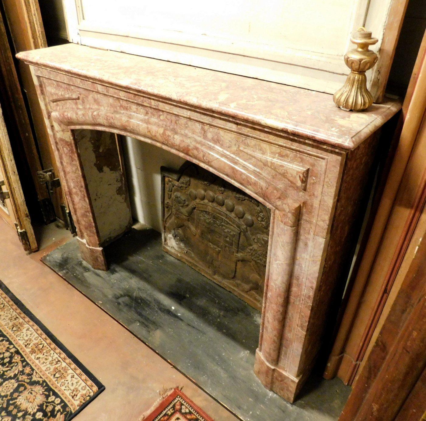 Fireplace Mantel in Red Marble, carved Linear, Italy For Sale 1