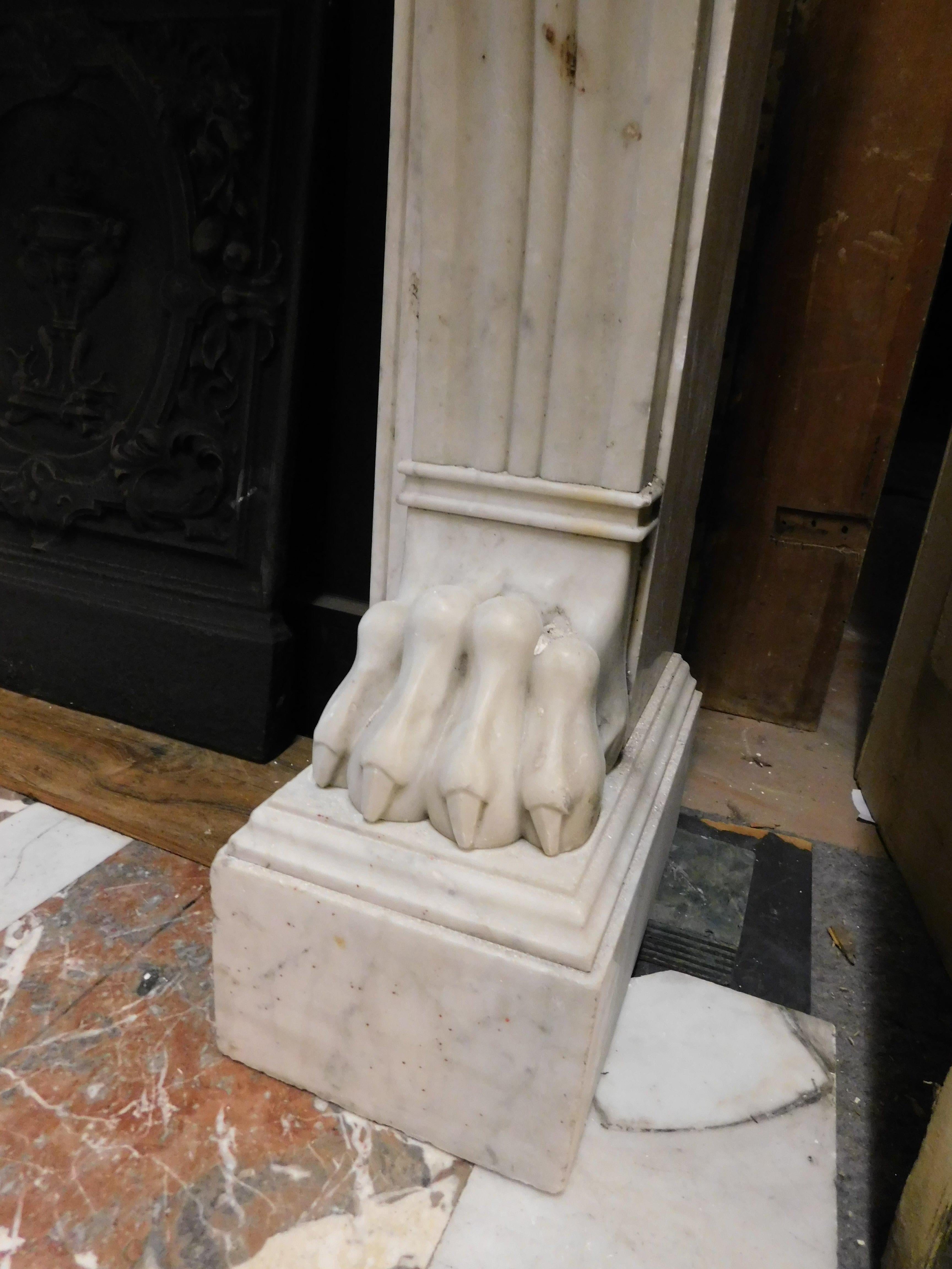 Carrara Marble Fireplace mantel in white Carrara marble with lion's paws, Italy For Sale