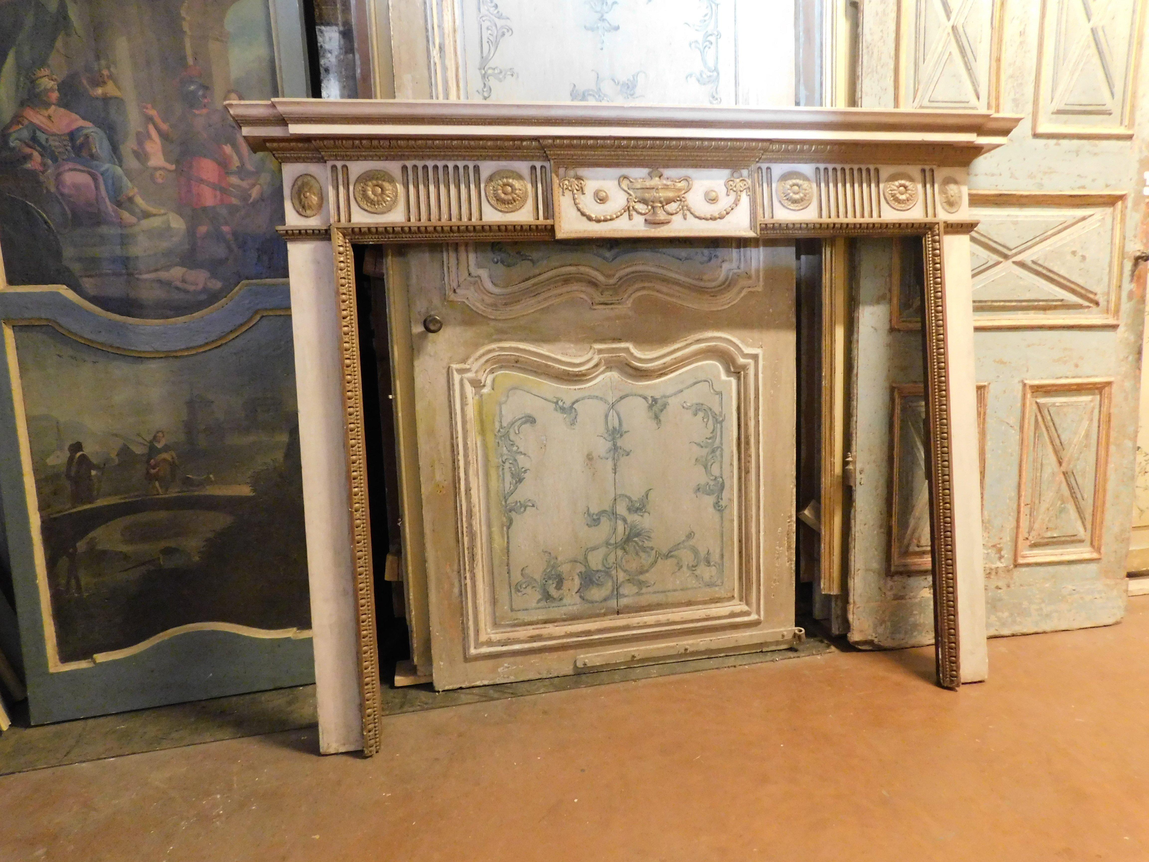 French Fireplace Mantle, Carved and White and Gold Lacquered Wood, 18th Century France For Sale