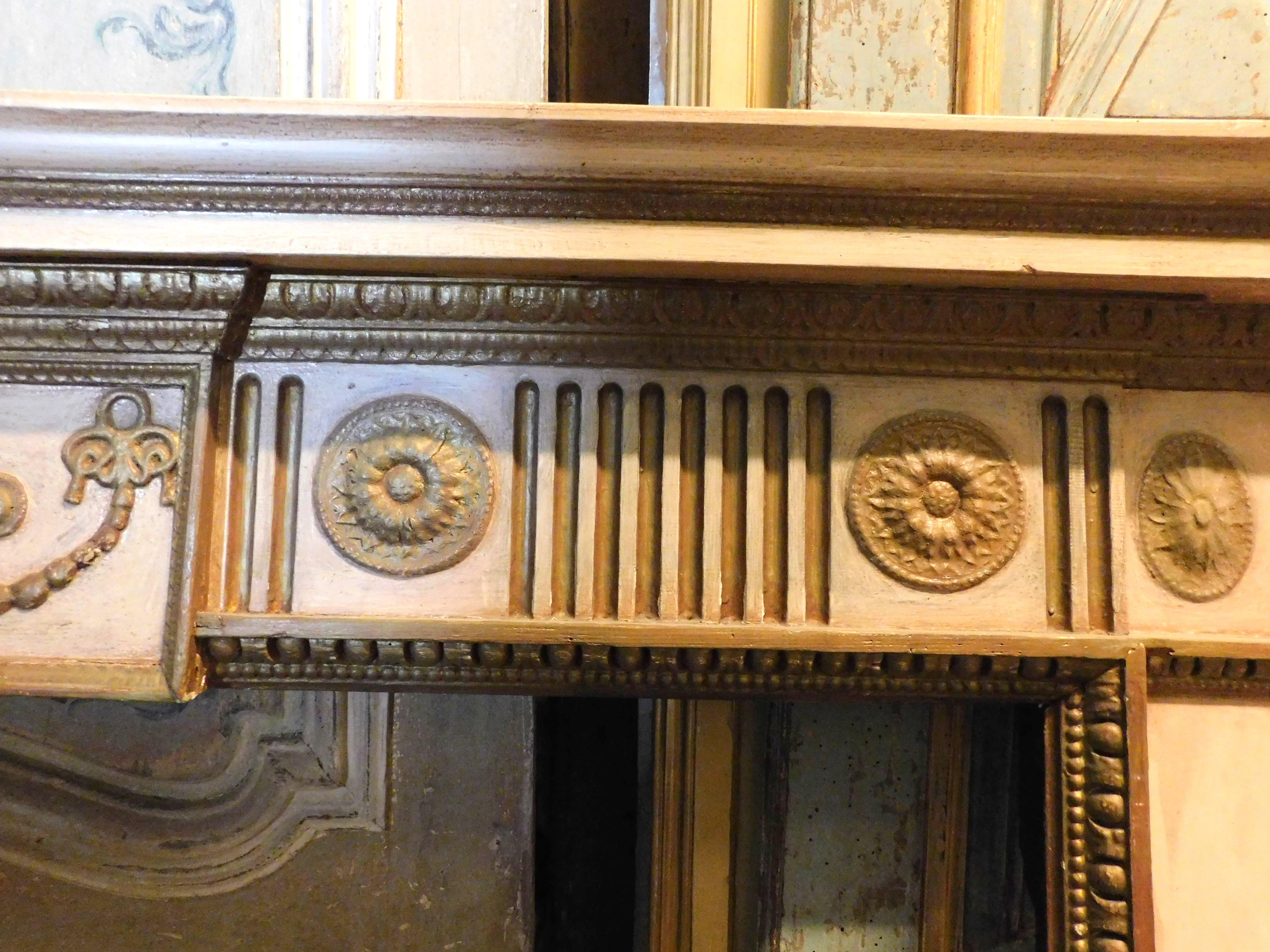 Hand-Carved Fireplace Mantle, Carved and White and Gold Lacquered Wood, 18th Century France For Sale