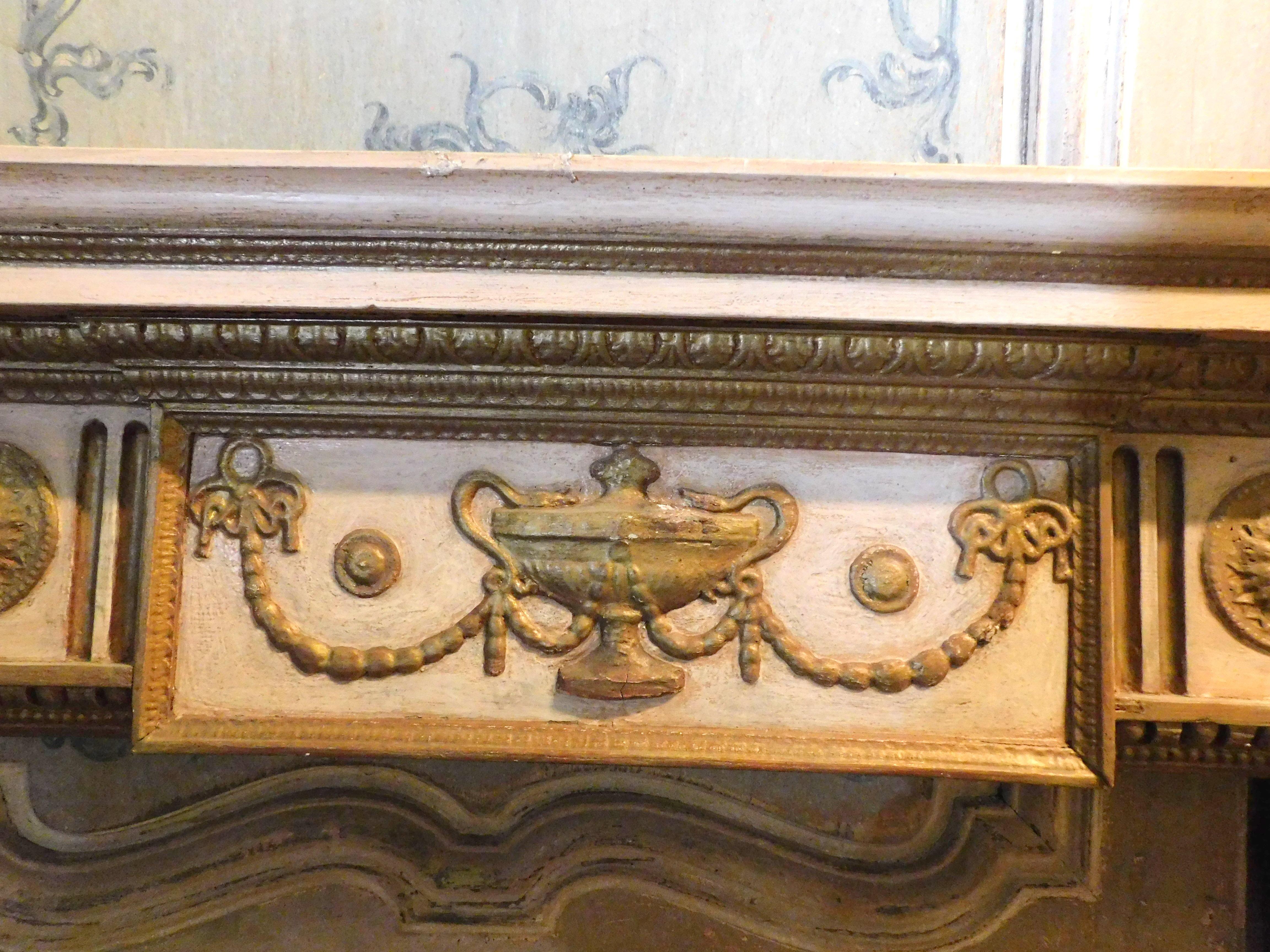 Poplar Fireplace Mantle, Carved and White and Gold Lacquered Wood, 18th Century France For Sale