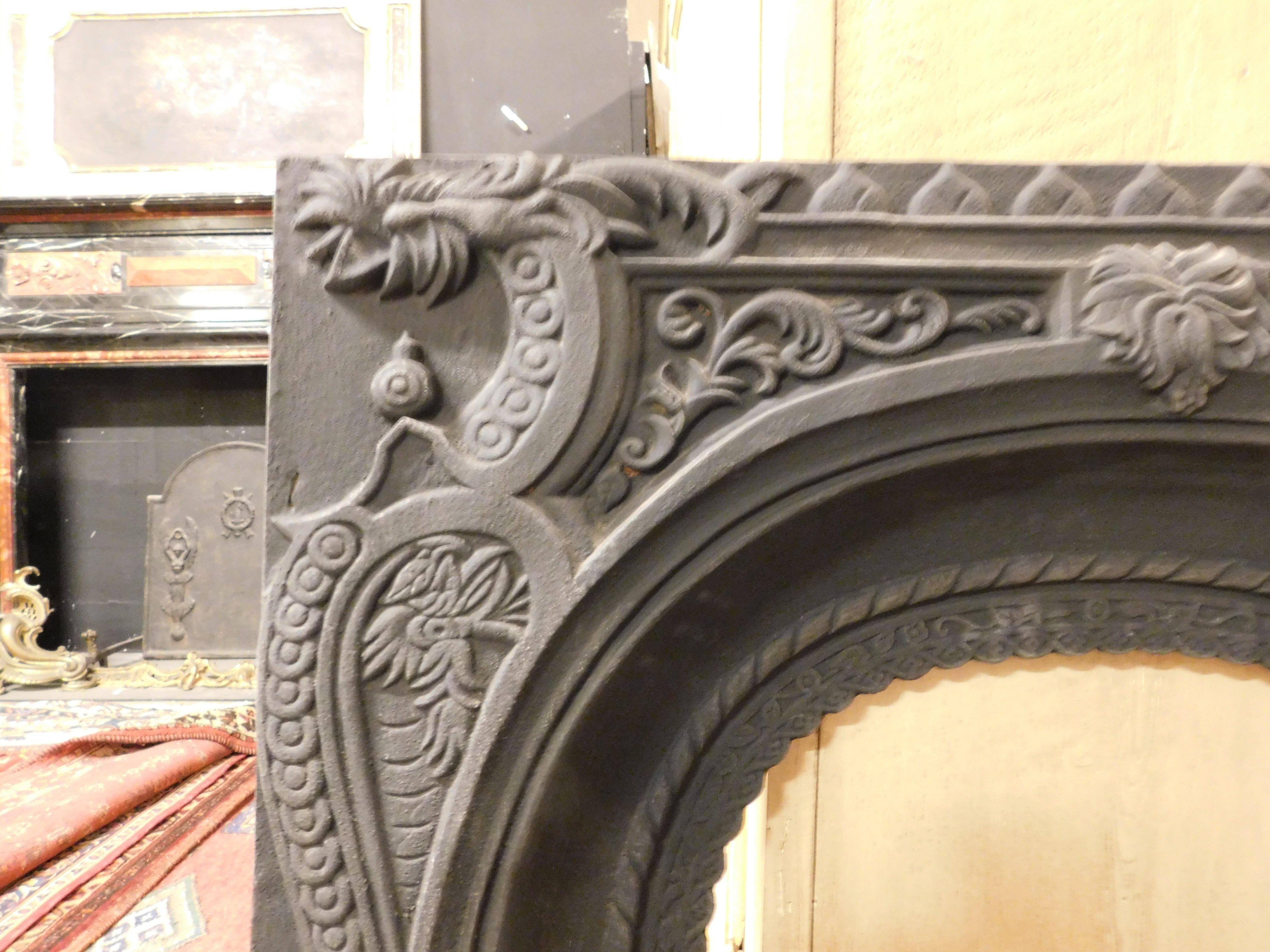Italian Fireplace Mantle, Carved Cast Iron Stove Floral Decorations, 19th Century Italy For Sale