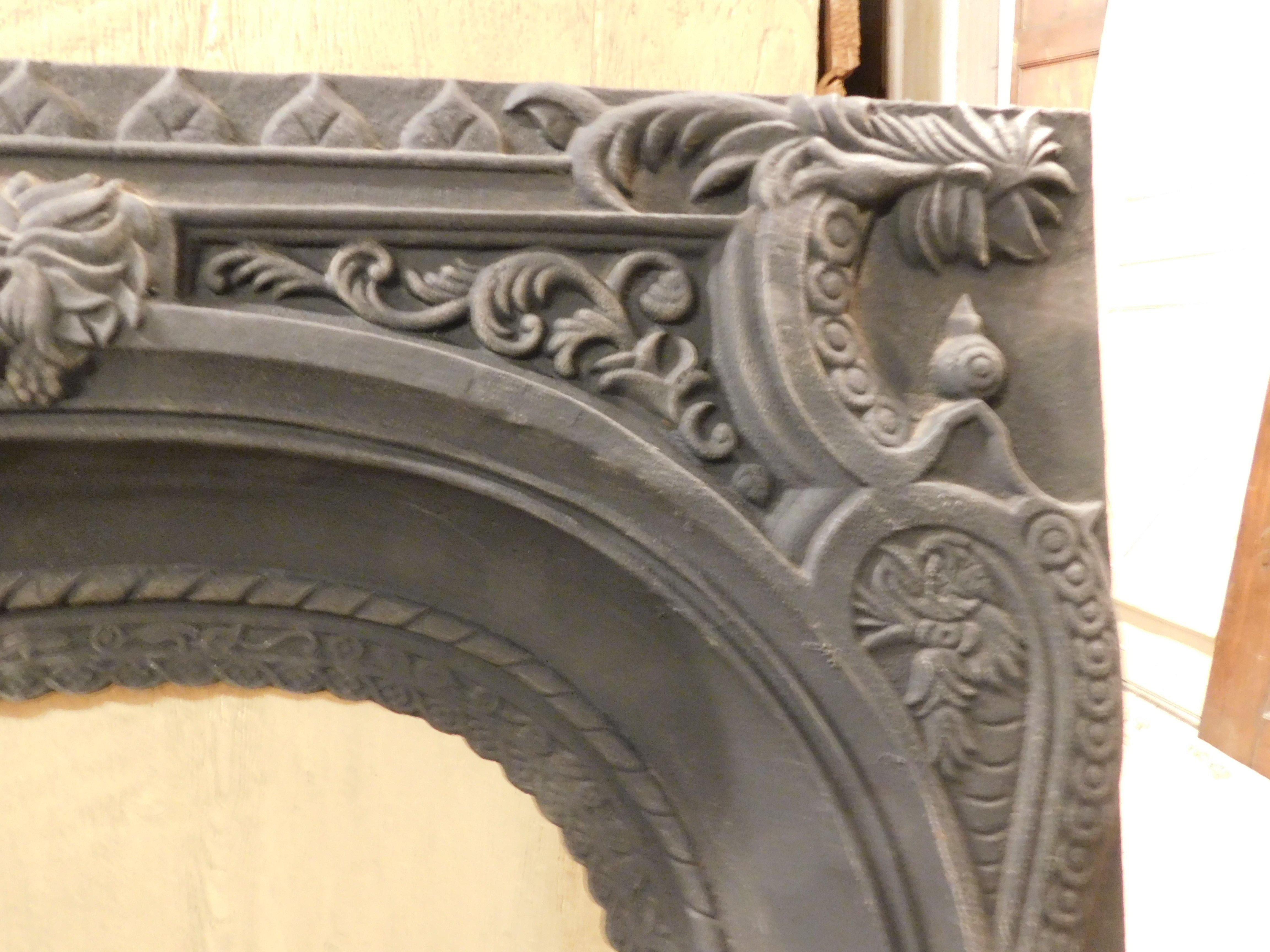 Ironstone Fireplace Mantle, Carved Cast Iron Stove Floral Decorations, 19th Century Italy For Sale