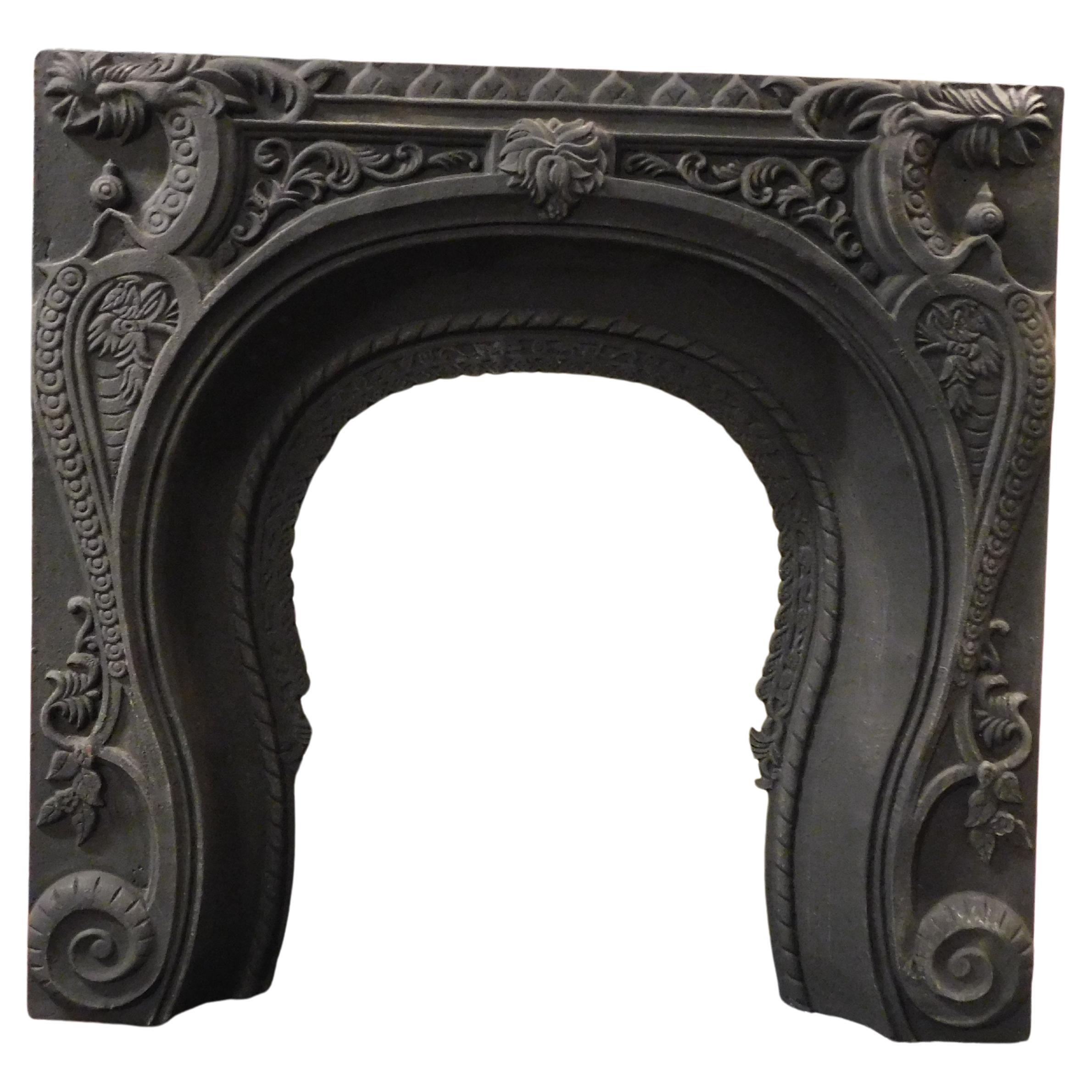 Fireplace Mantle, Carved Cast Iron Stove Floral Decorations, 19th Century Italy For Sale