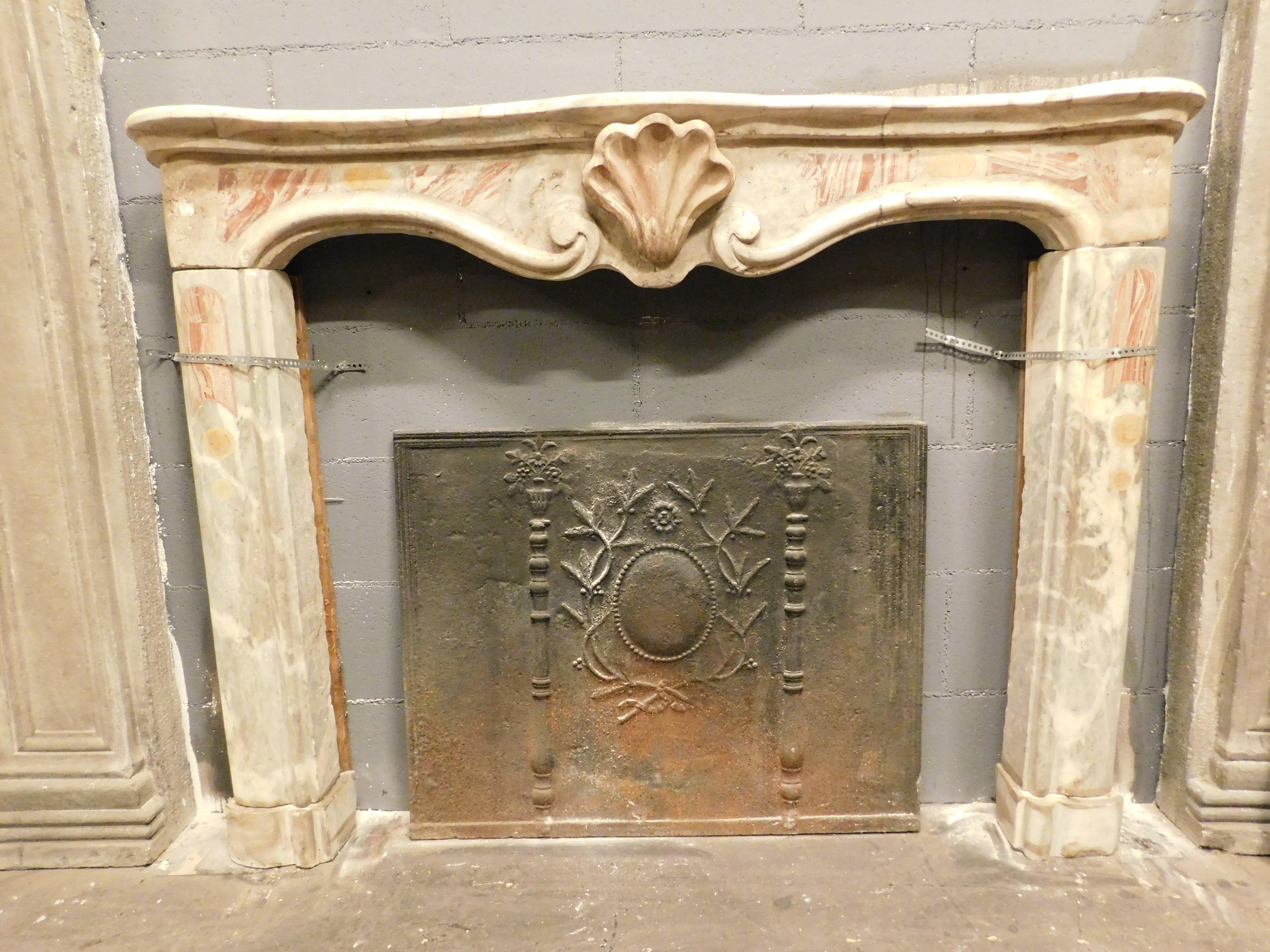 19th Century Fireplace mantle in Bardiglio marble with onyx inlays from Busca, Italy For Sale