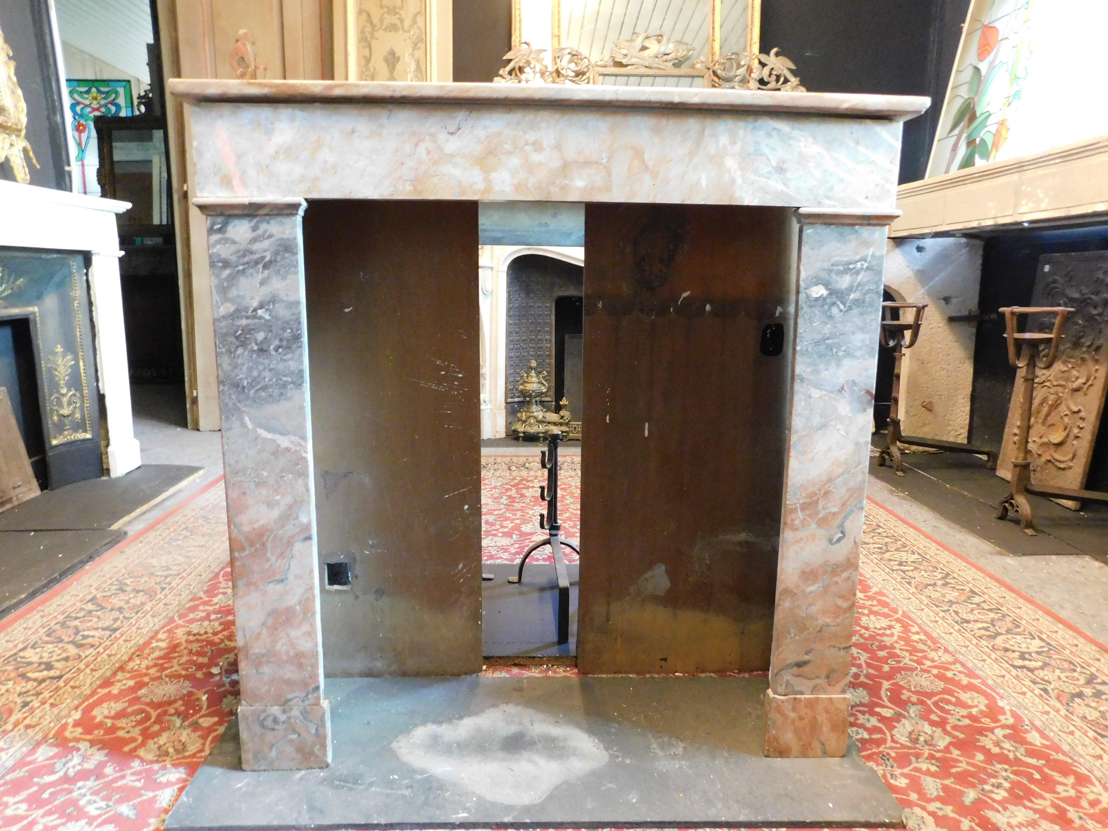 Vintage fireplace mantle in gray and pink marble, special marble called fior di pesco, from Italy, from the early 1900s, maximum external dimensions cm W 101 x H 101 x D 32, internal mouth dimensions cm W 70 x H 86