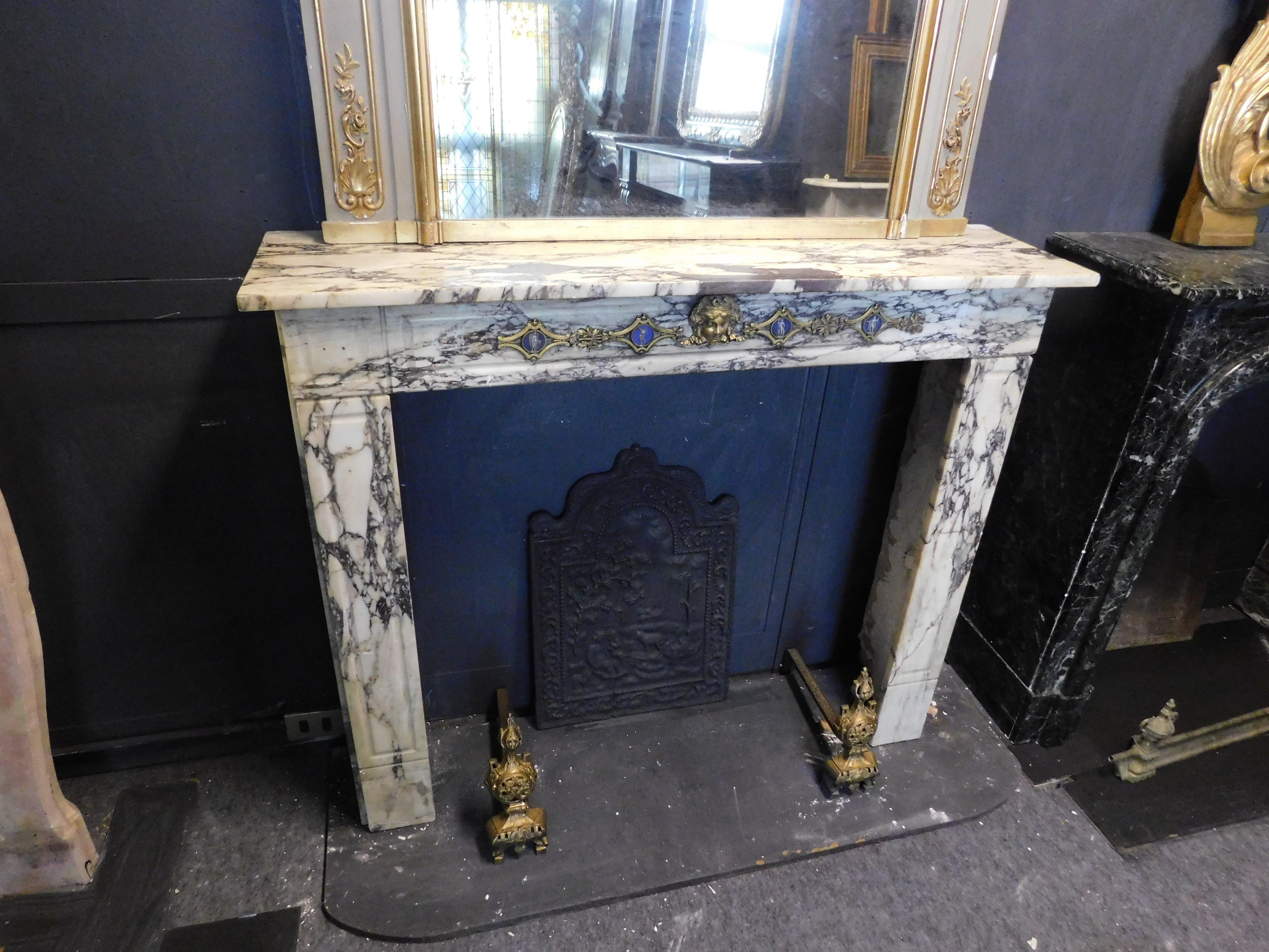 Italian Fireplace mantle in marble, gilt brass friezes, Italy   For Sale