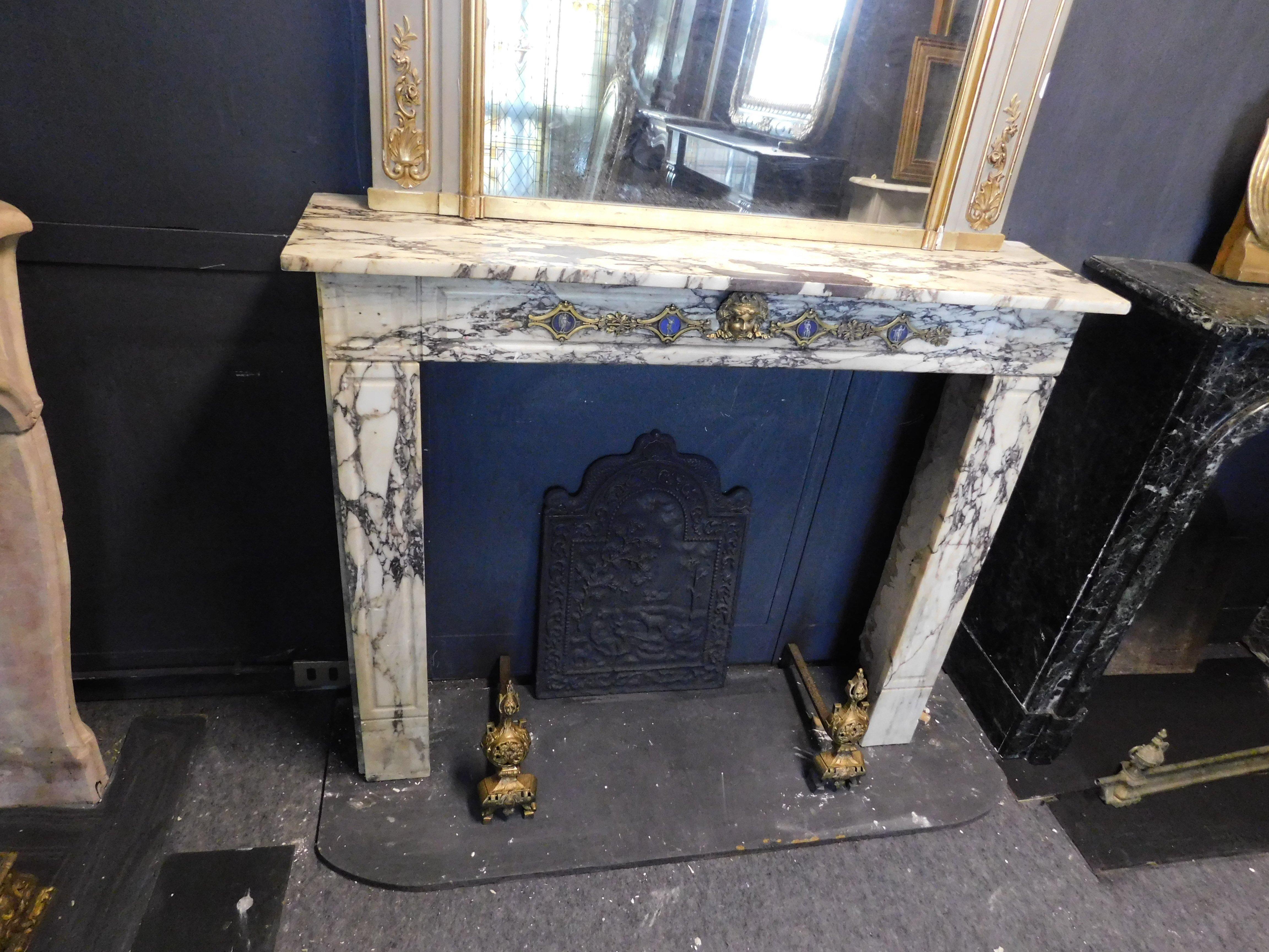 Hand-Crafted Fireplace mantle in marble, gilt brass friezes, Italy   For Sale