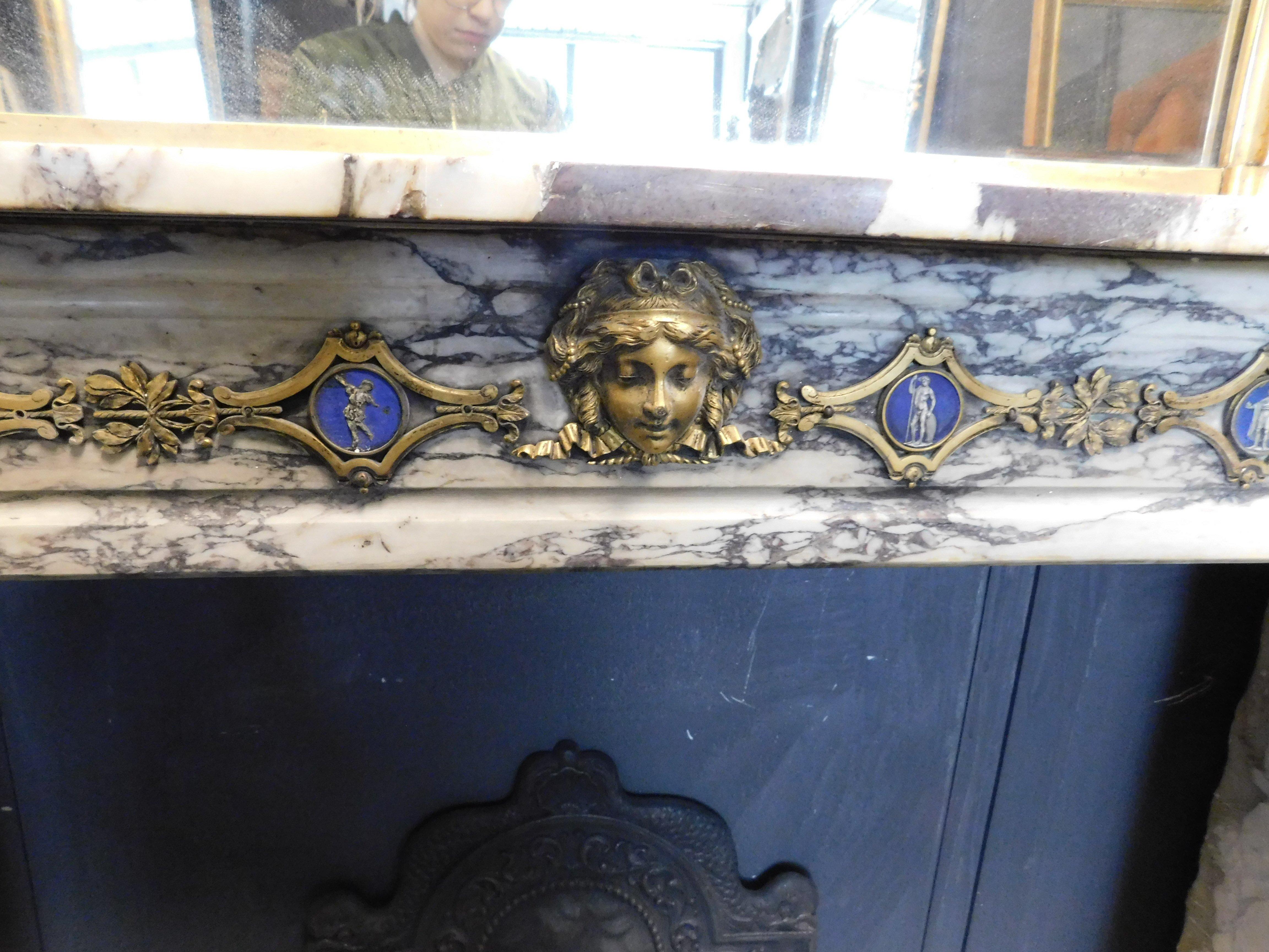 Brass Fireplace mantle in marble, gilt brass friezes, Italy   For Sale