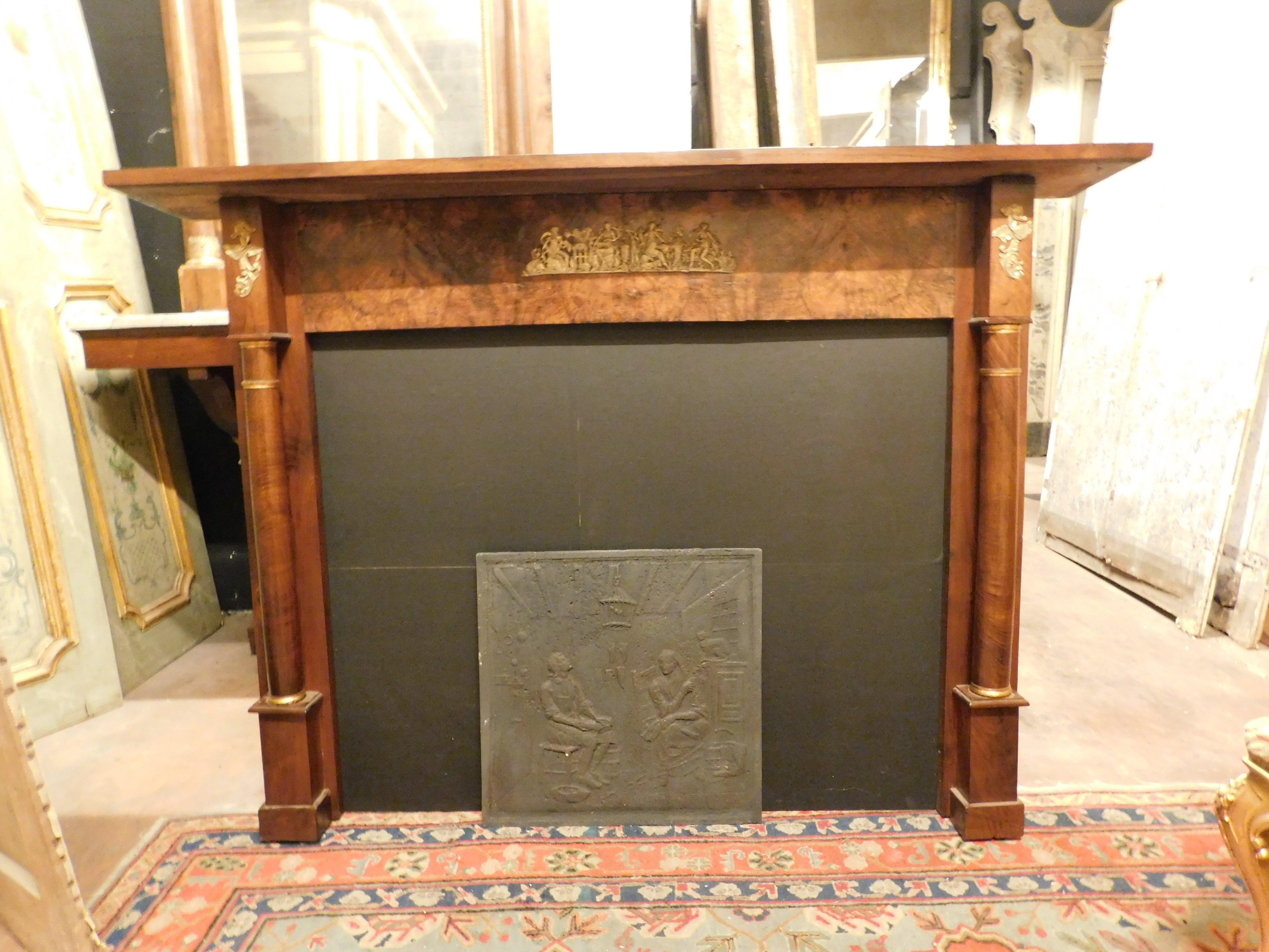 Italian Fireplace mantle in walnut briar wood, with golden brass finishes, Italy For Sale