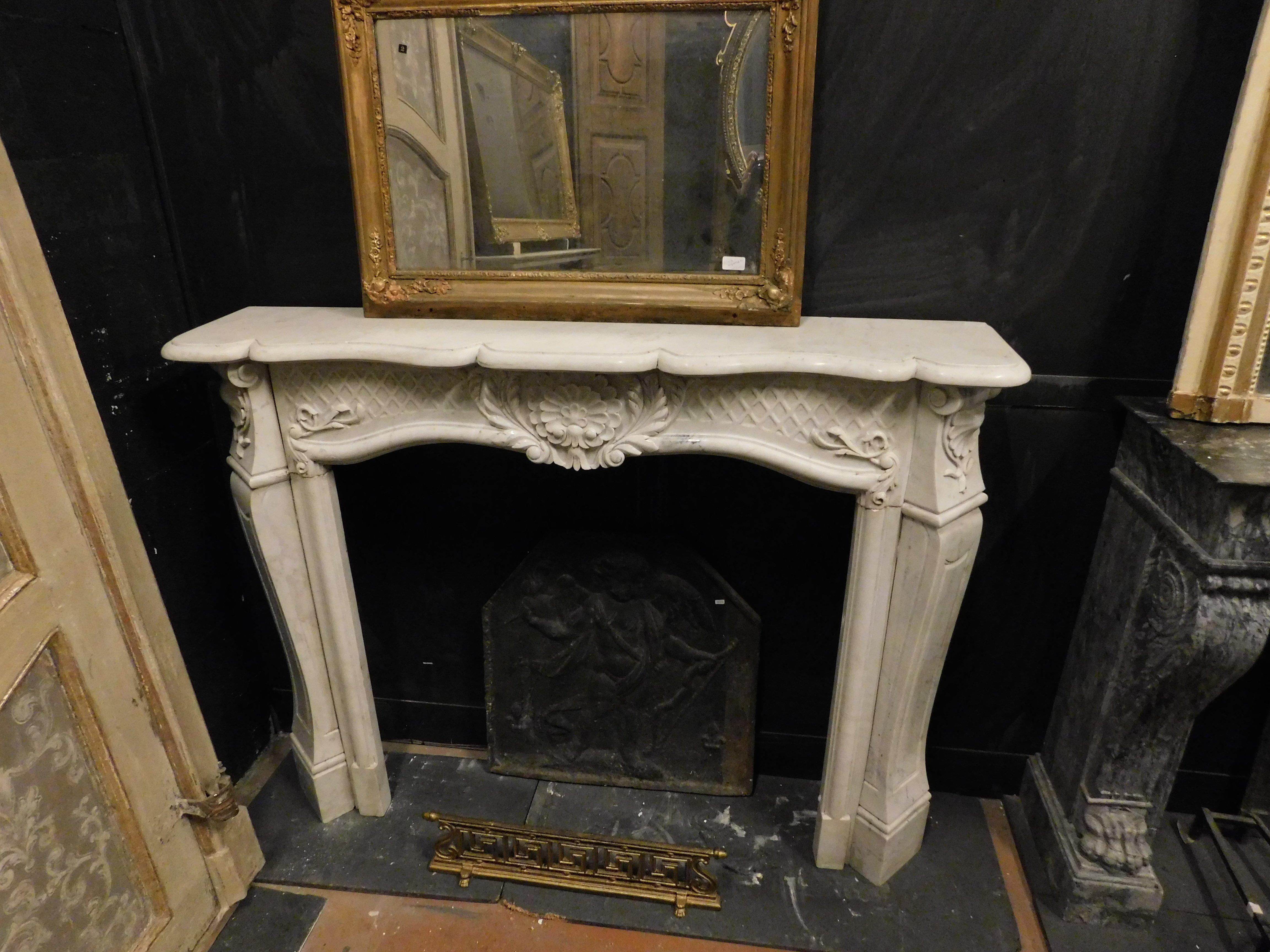 Hand-Carved Fireplace mantle in white Carrara marble, carved with floral decorations, Italy For Sale