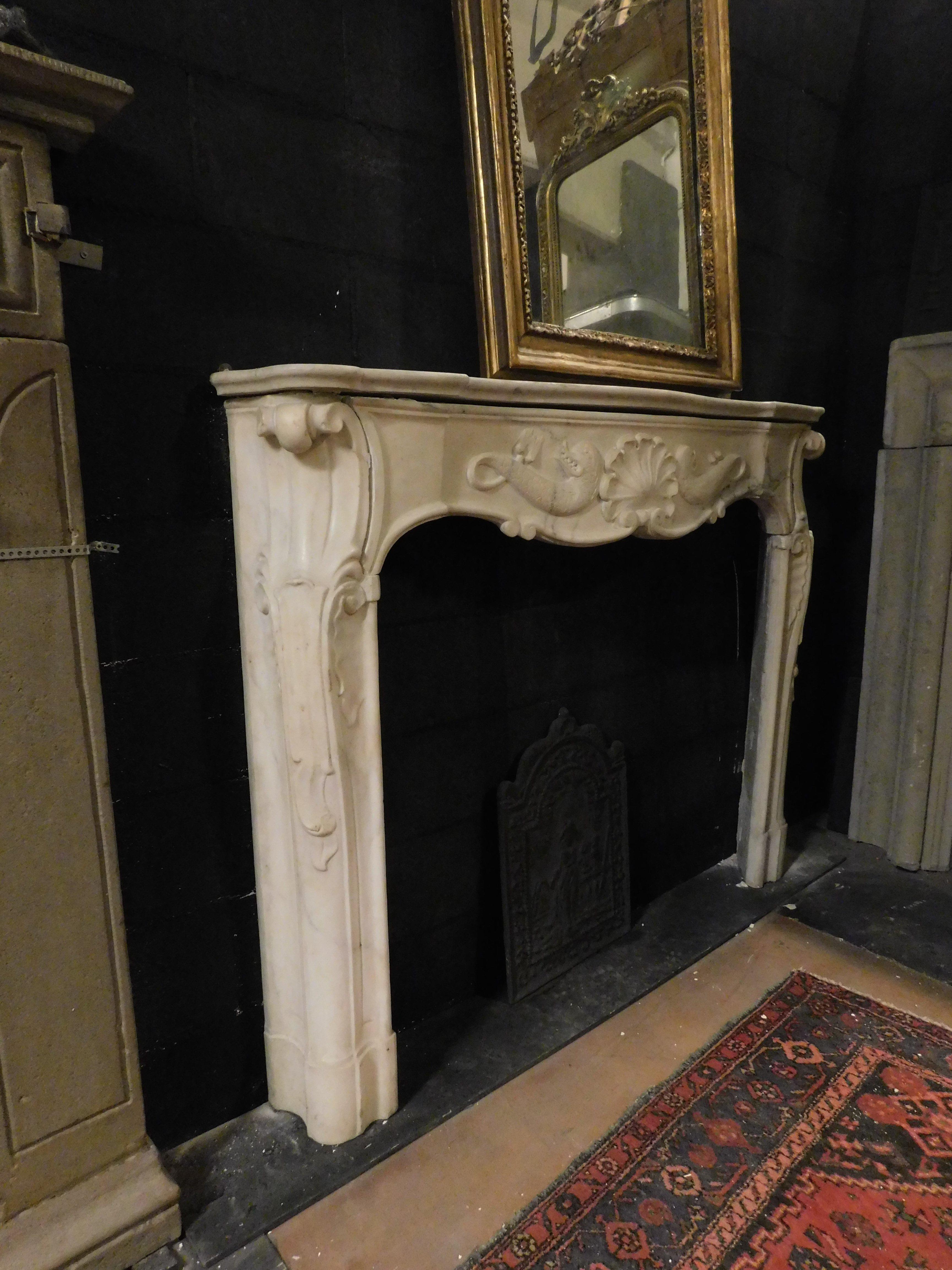 Carrara Marble Fireplace mantle in white marble, central shell and pair of triton, Genova Italy For Sale