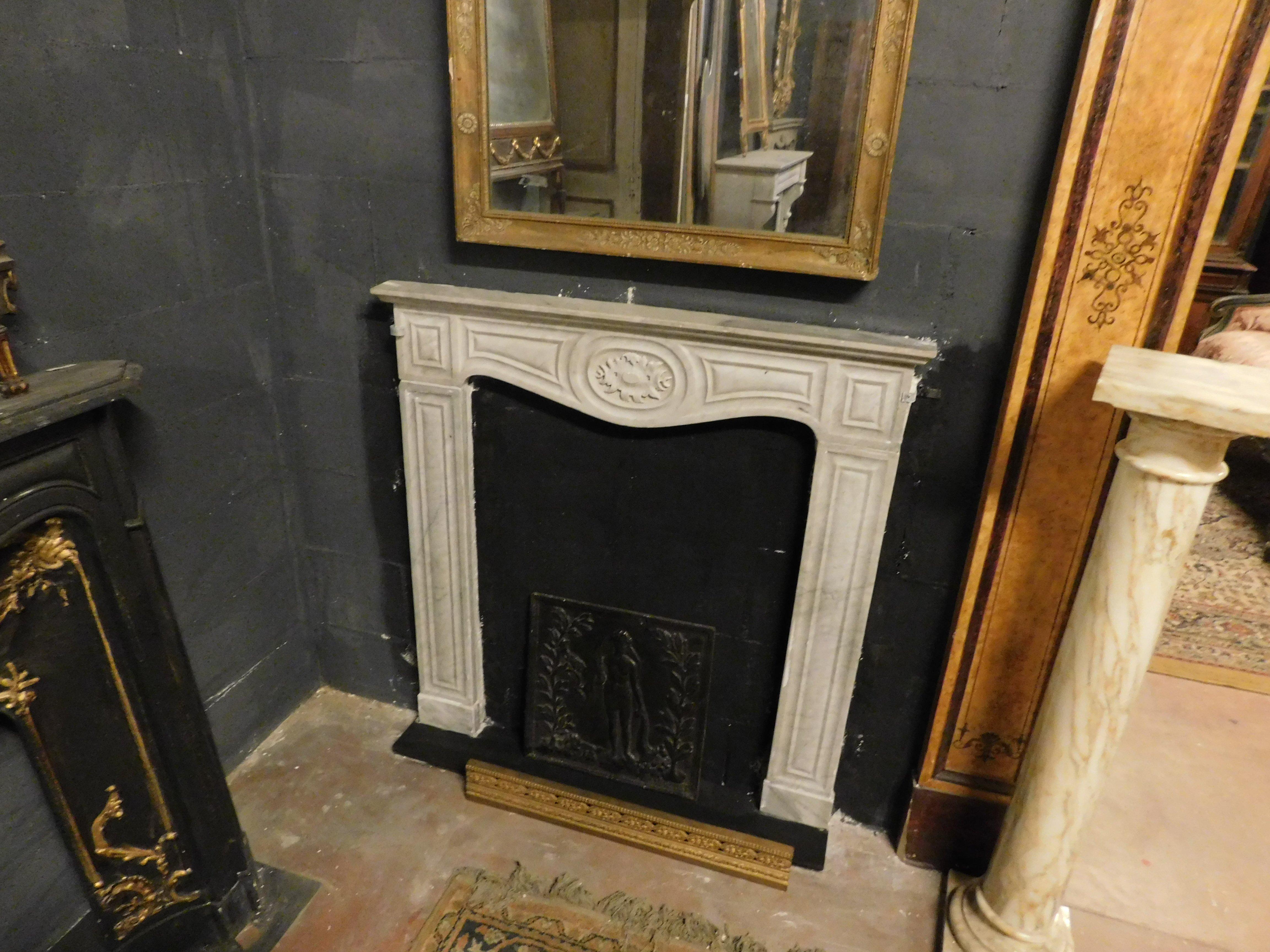 Italian Fireplace mantle  thin frame, carved in white Carrara marble, Italy For Sale