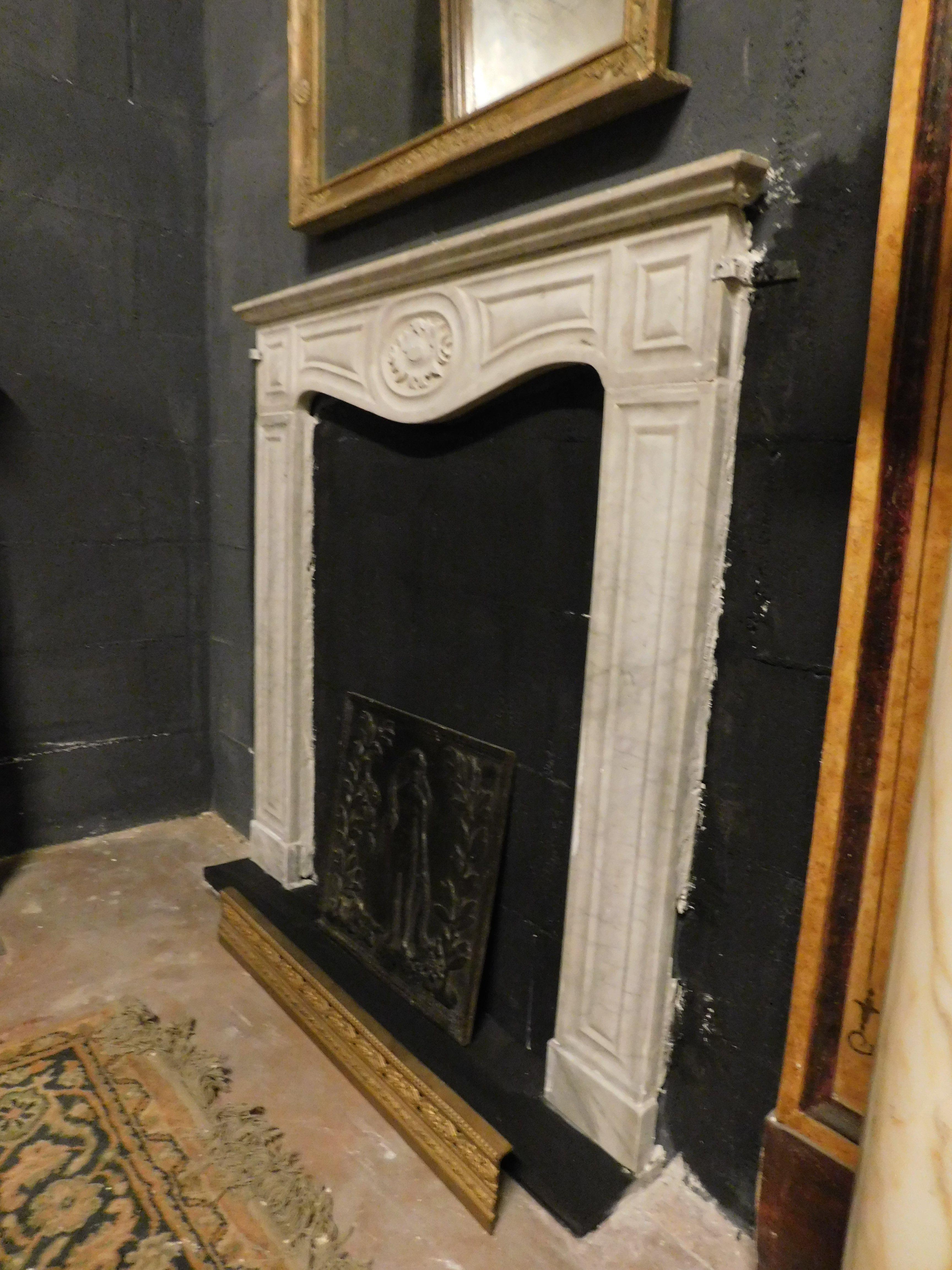 Hand-Carved Fireplace mantle  thin frame, carved in white Carrara marble, Italy For Sale