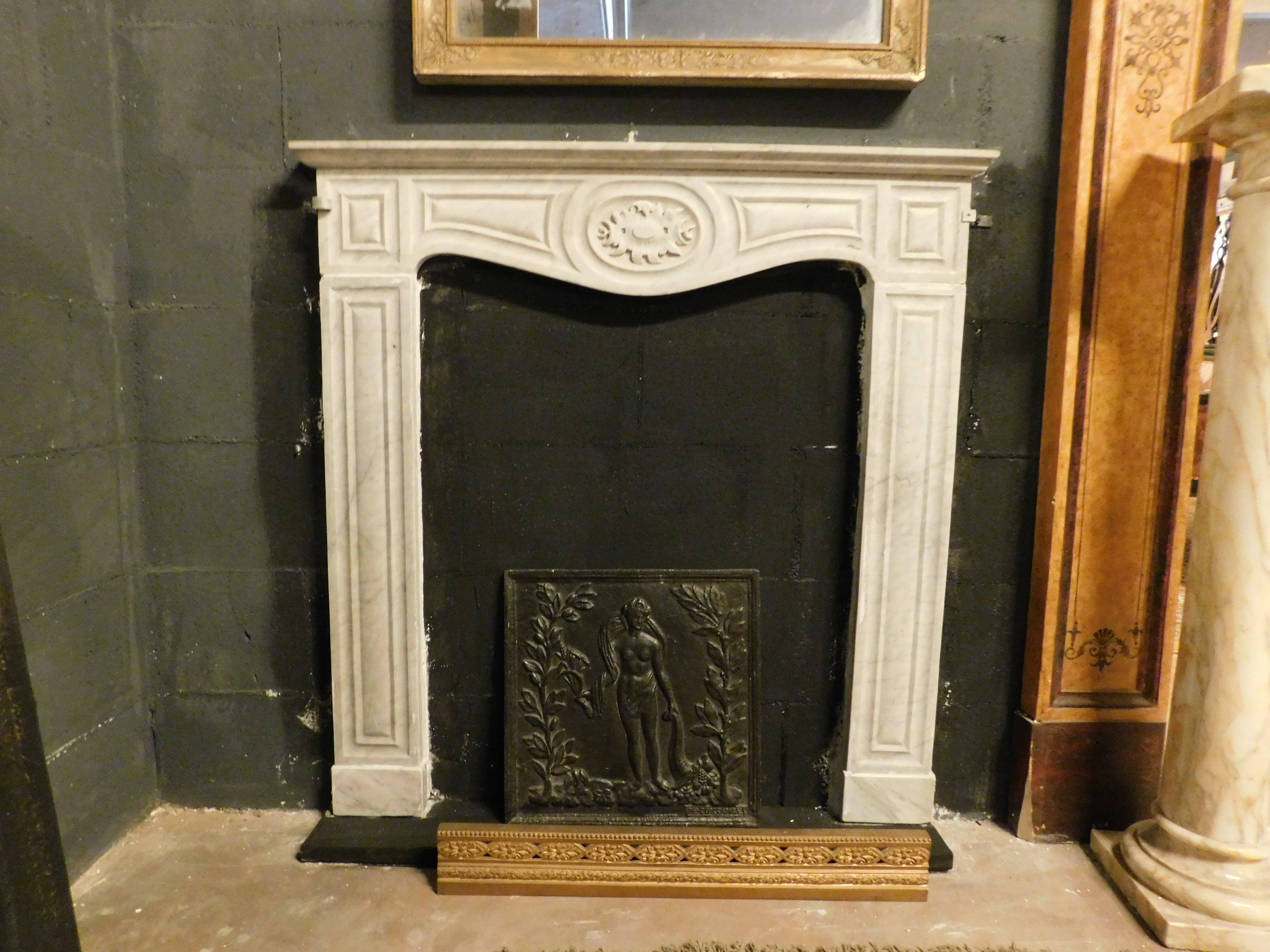 Carrara Marble Fireplace mantle  thin frame, carved in white Carrara marble, Italy For Sale