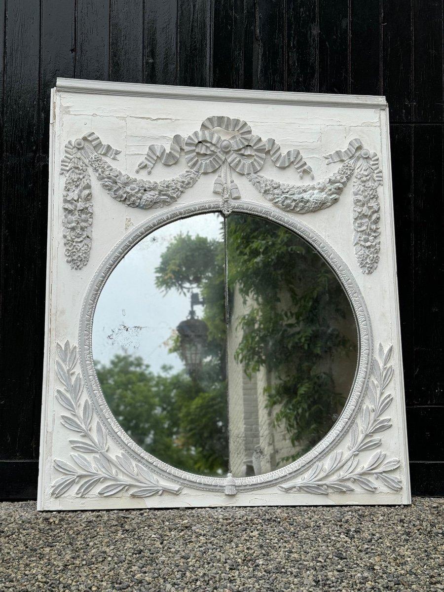 Miroir de cheminée Louis XVI Trumeau en bois sculpté Rechampi blanc et gris en vente 1