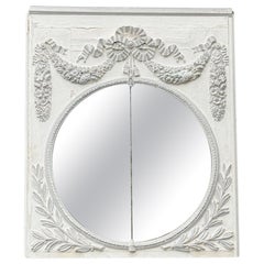 Fireplace Mirror, Louis XVI Trumeau In Carved Wood Rechampi White And Gray