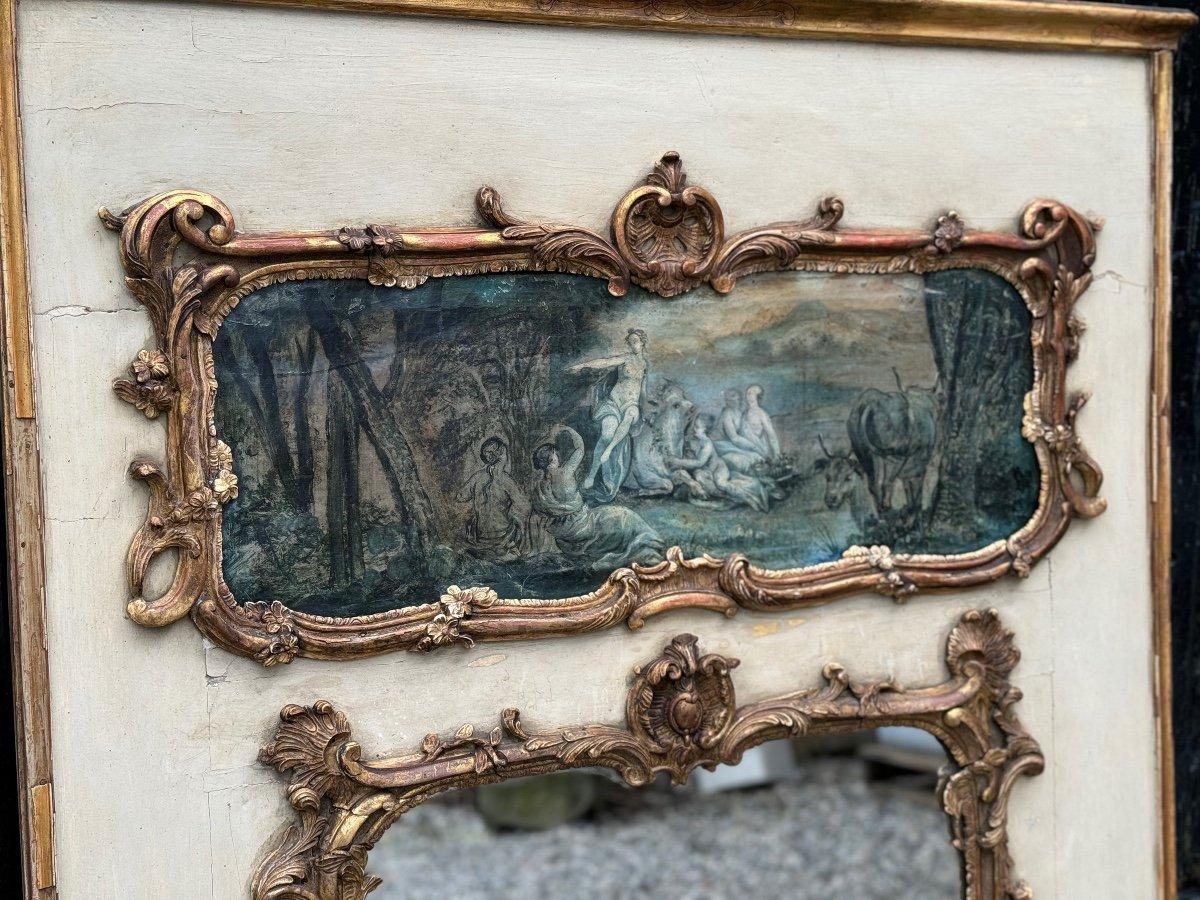 French Fireplace Mirror Or Trumeau, Oil On Canvas And Gilded Wood, 18th Century For Sale