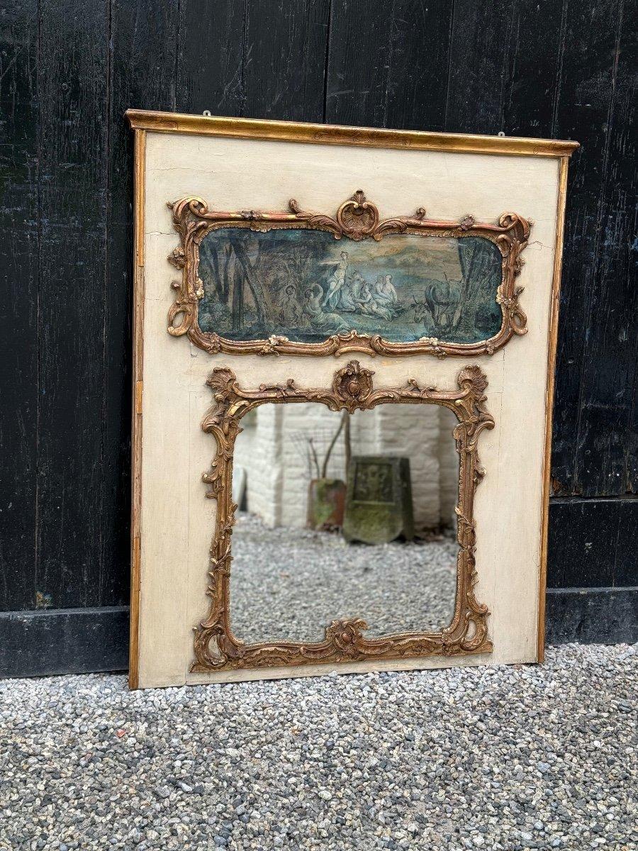 Fireplace Mirror Or Trumeau, Oil On Canvas And Gilded Wood, 18th Century In Good Condition For Sale In Honnelles, WHT