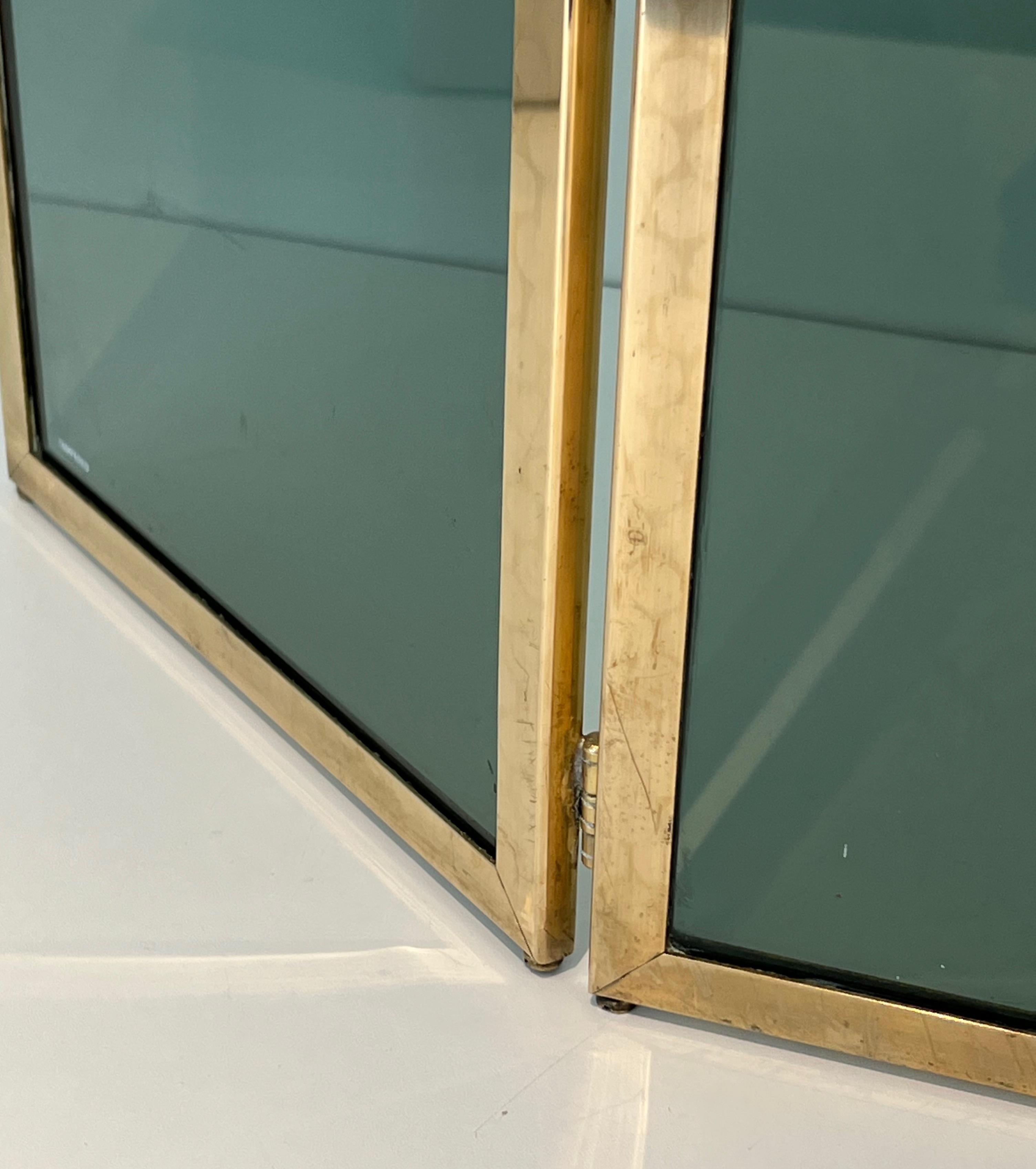 Fireplace Screen Made of 3 Greenish Glass Panels Surrounded by a Brass Frame For Sale 13