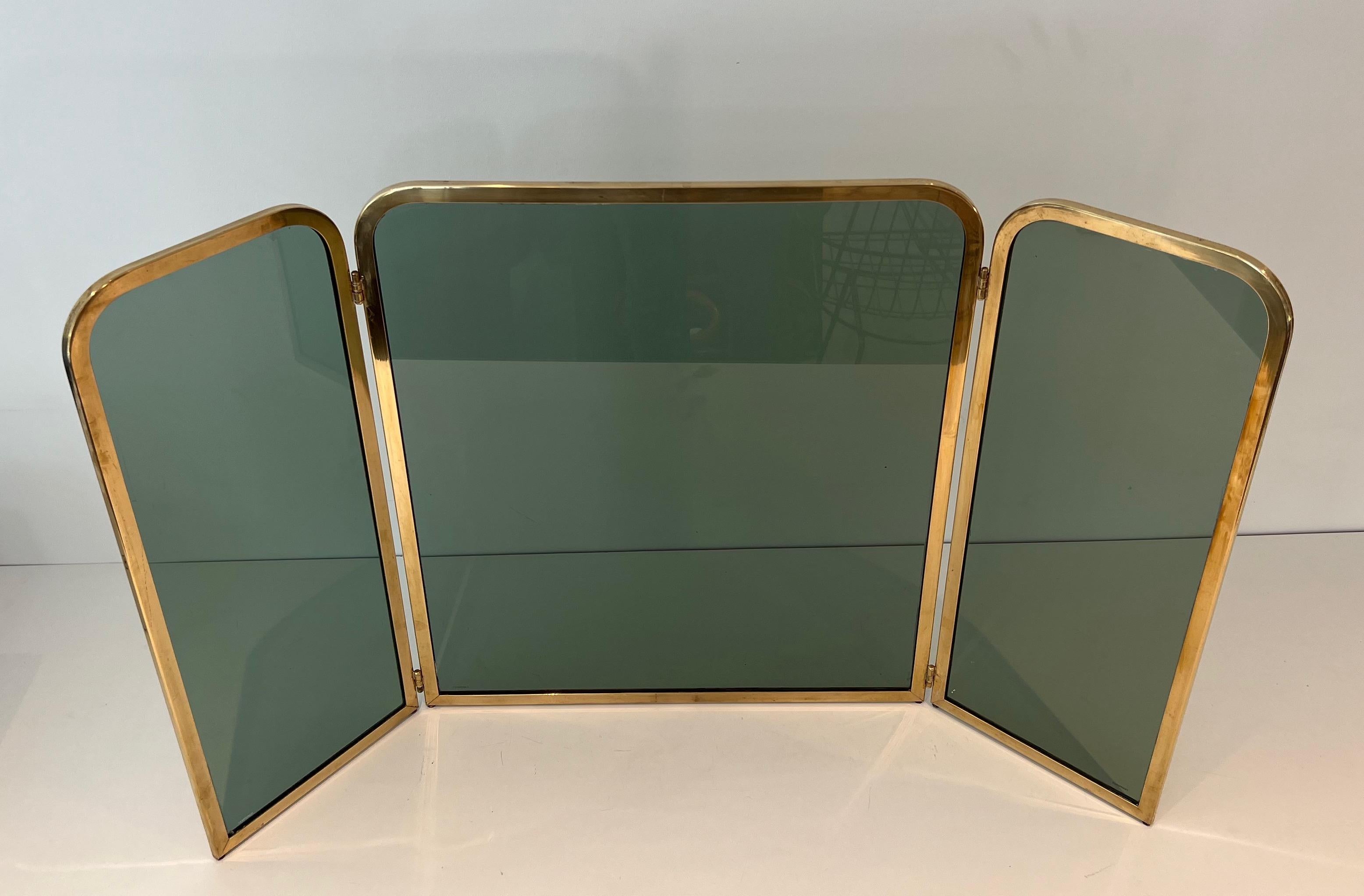 French Fireplace Screen Made of 3 Greenish Glass Panels Surrounded by a Brass Frame For Sale
