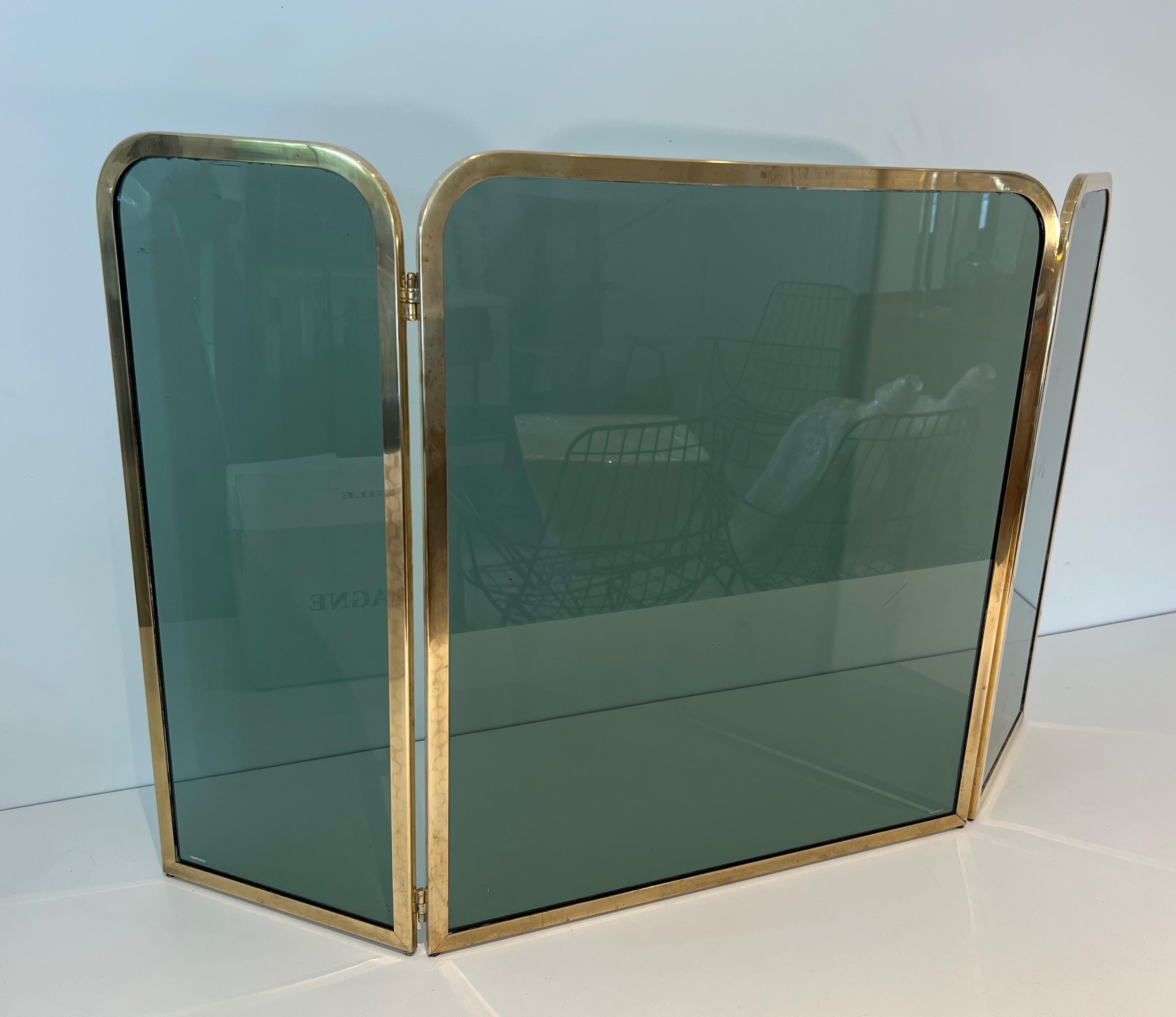 Tempered Fireplace Screen Made of 3 Greenish Glass Panels Surrounded by a Brass Frame For Sale