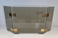 Fireplace Screen made of 3 Smocked Glass Panels with Brass Hinges. Circa 1970