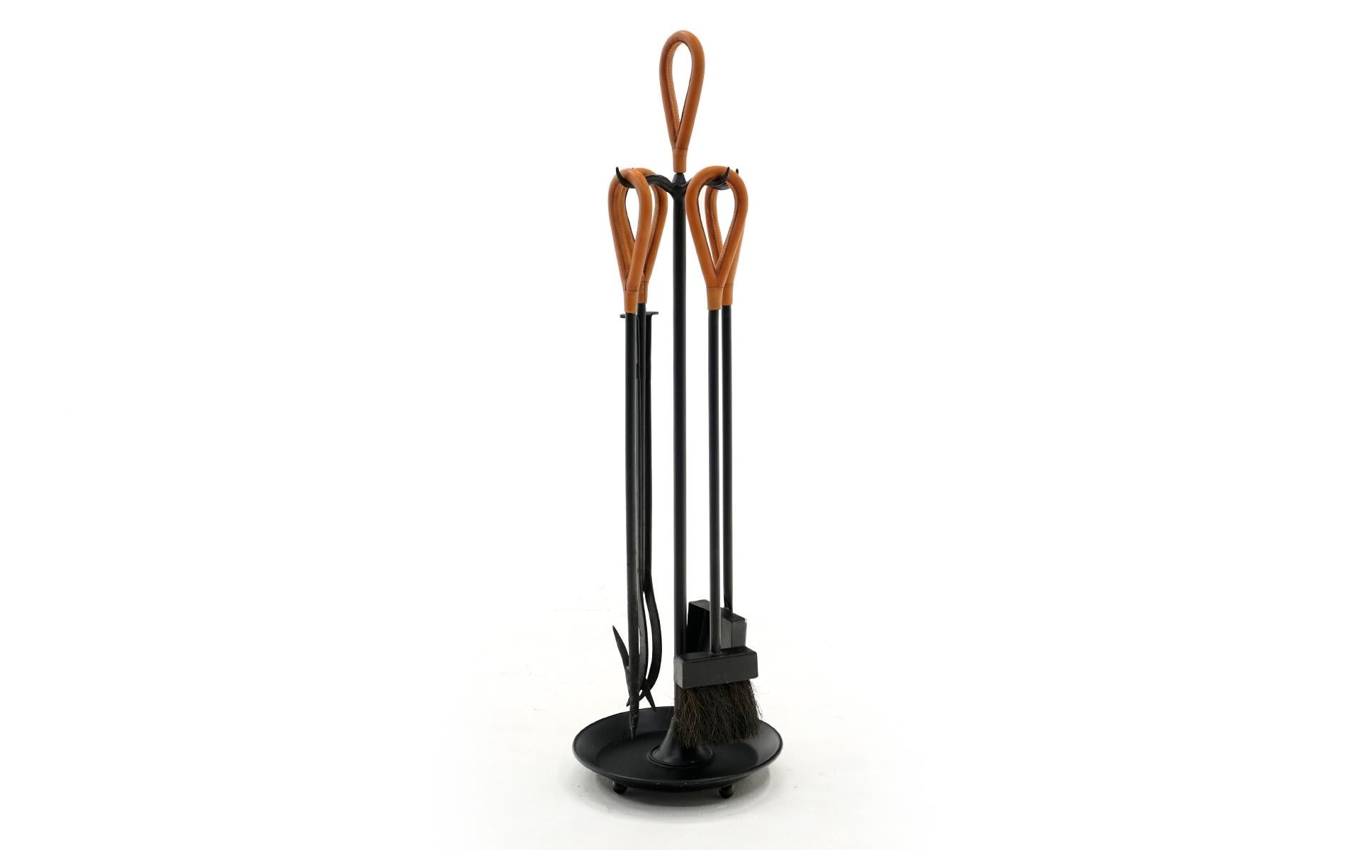 Fireplace Tools in Iron w/ Leather Wrapped Handles in the Style of Jacques Adnet In Good Condition In Kansas City, MO