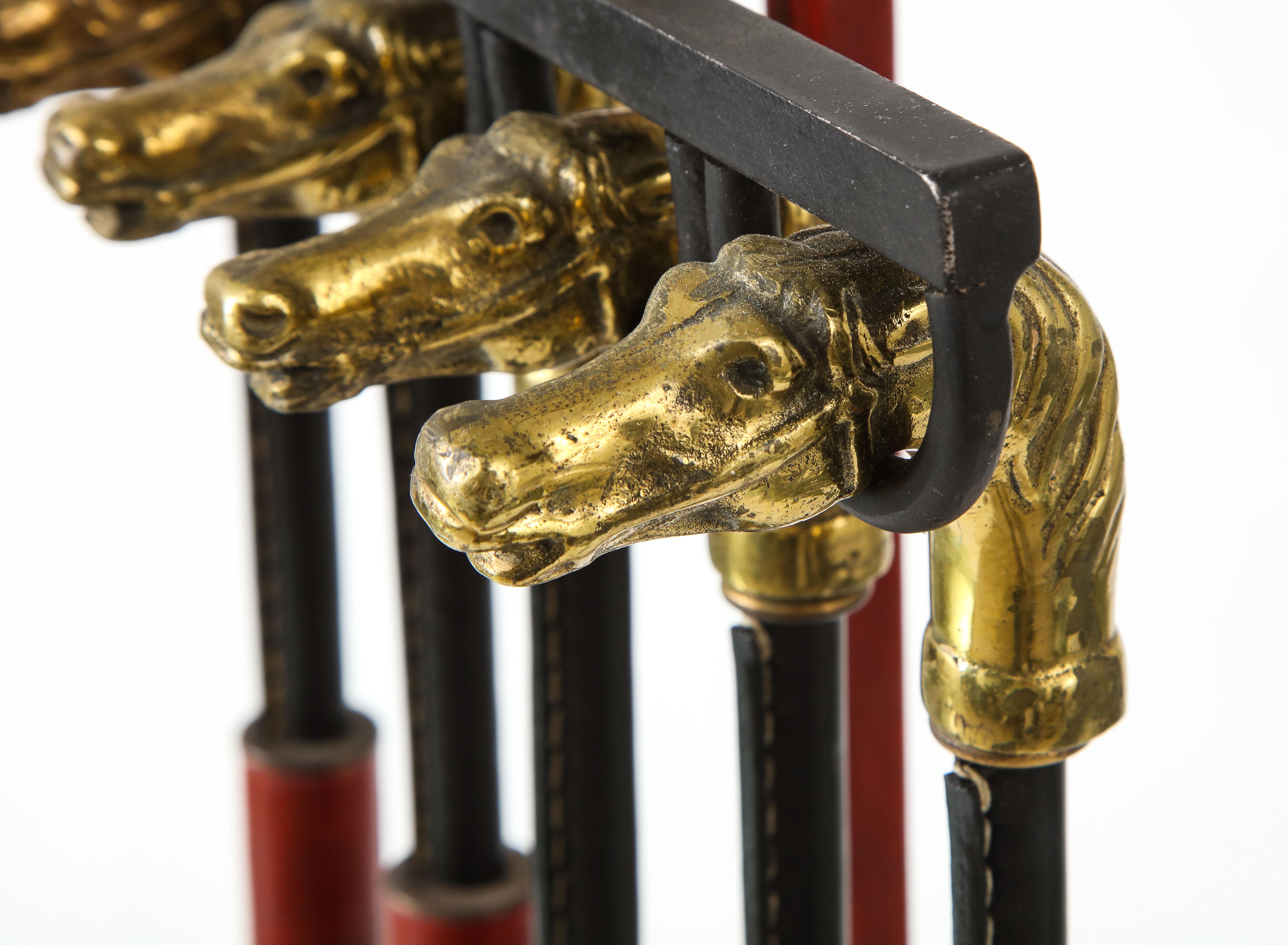 Outils de cheminée en cuir piqué par Jacques Adnet en vente 6