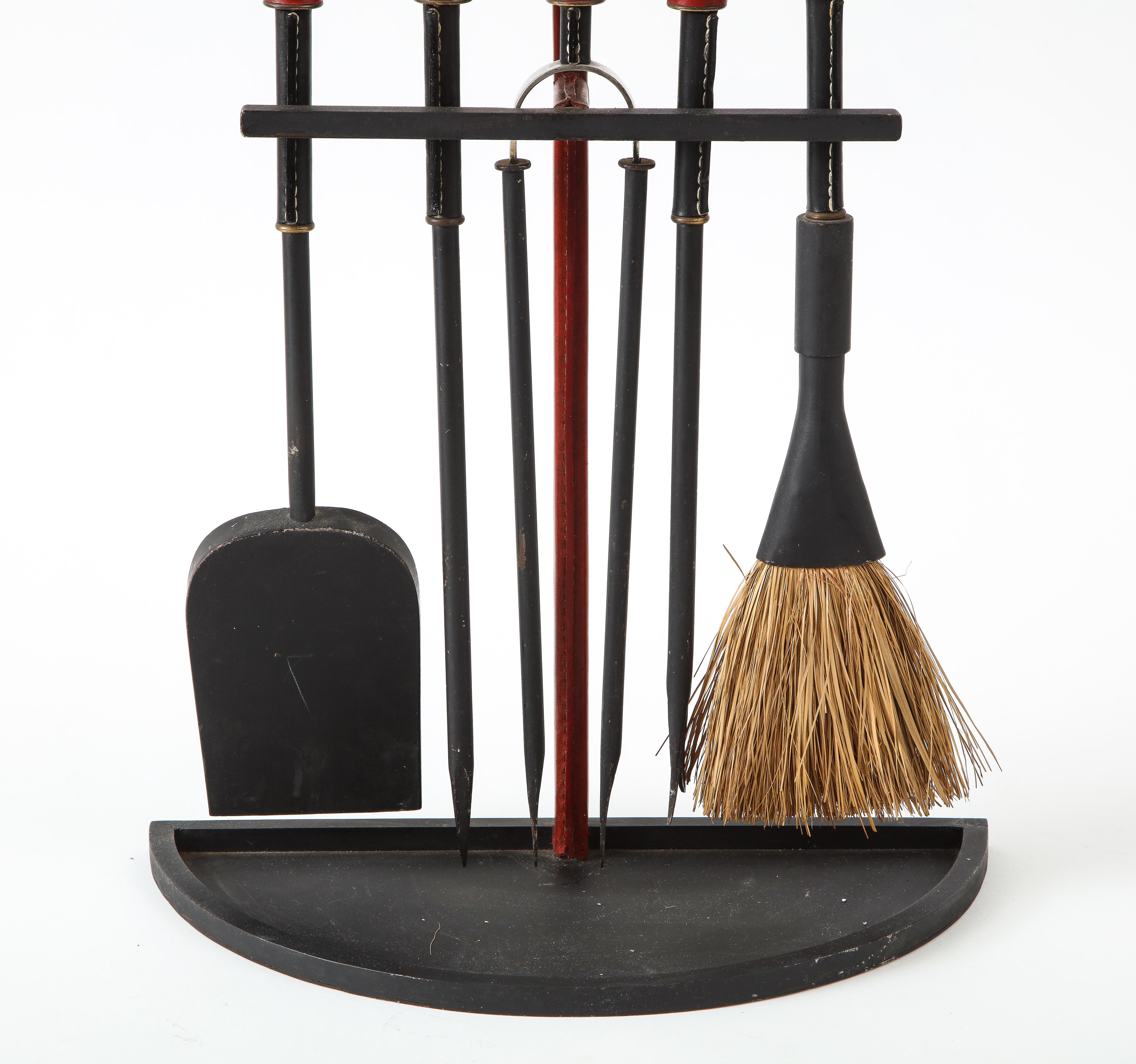 French Fireplace Tools in Stitched Leather by Jacques Adnet For Sale