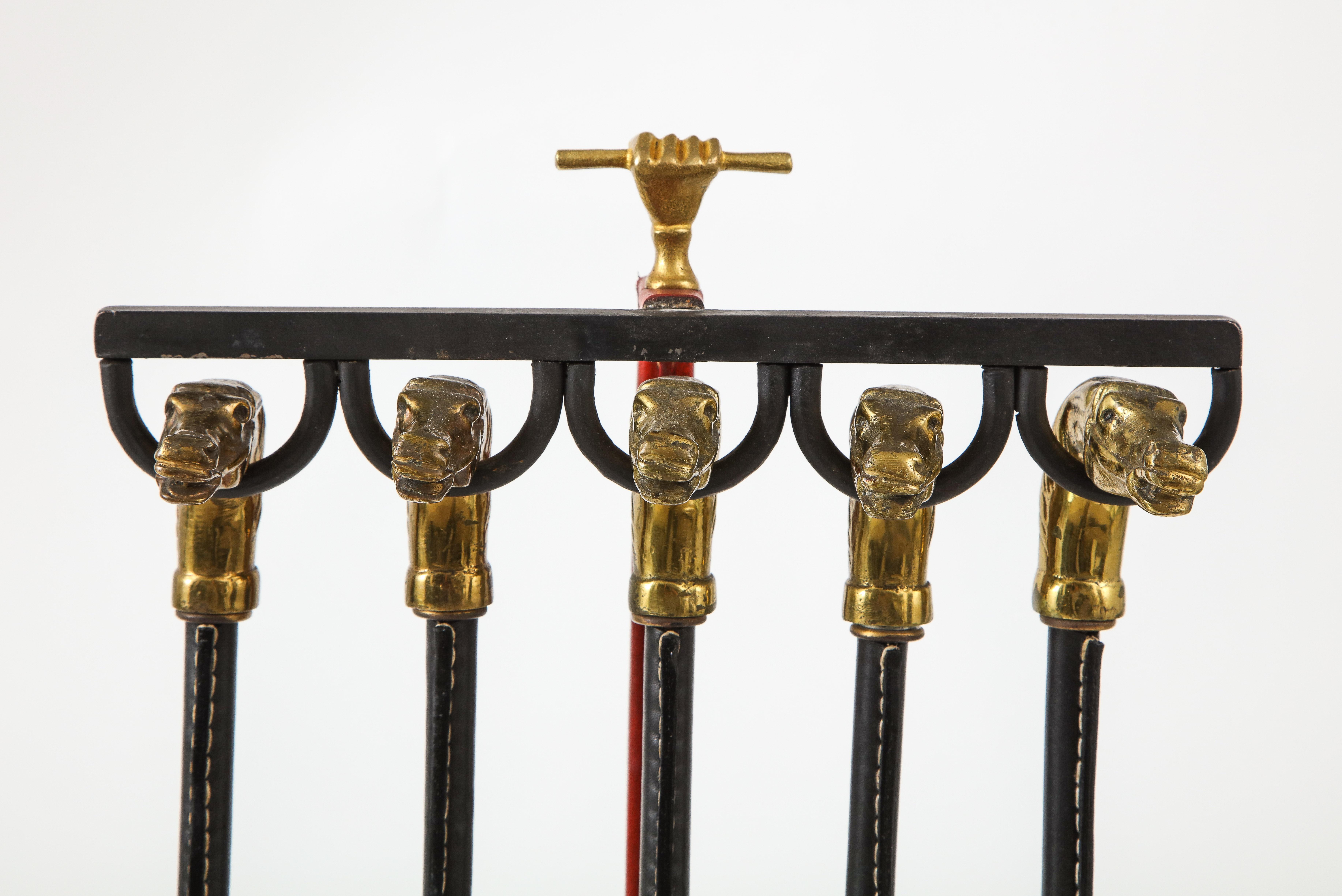 Métal Outils de cheminée en cuir piqué par Jacques Adnet en vente