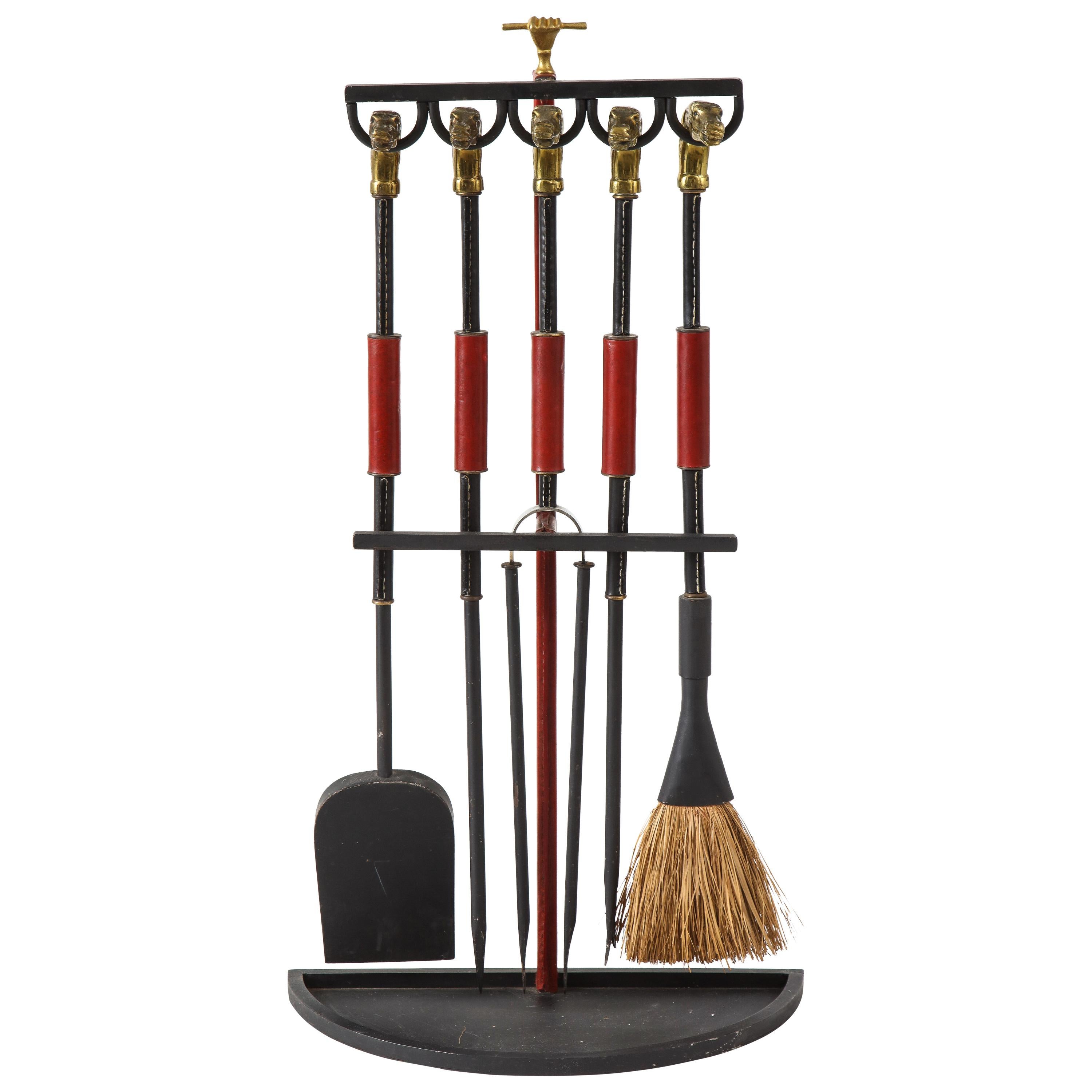Fireplace Tools in Stitched Leather by Jacques Adnet For Sale