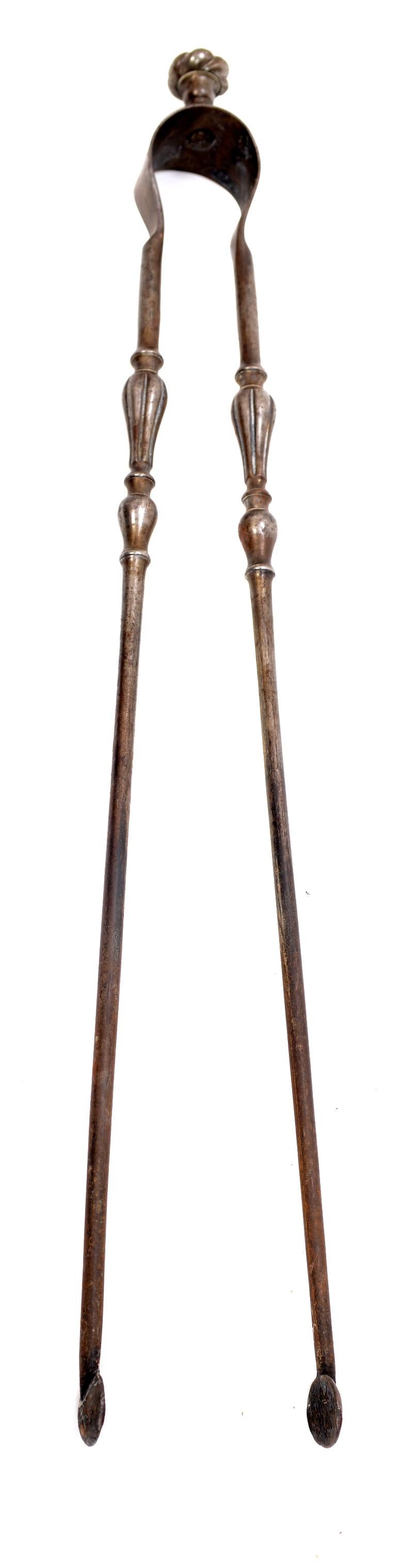 English fireplace tools, polished steel, late 18th-early 19th century. With beautiful turned finial.