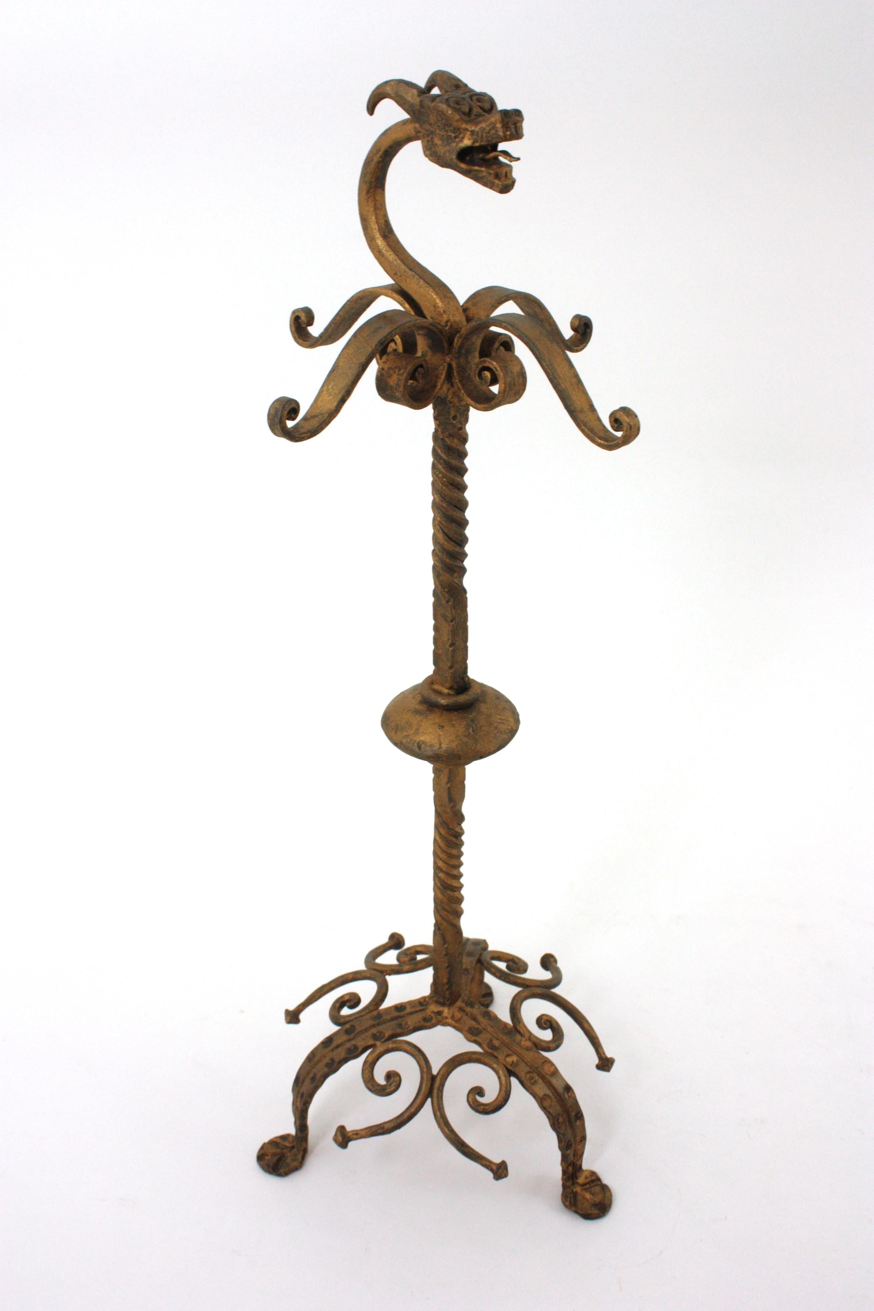 Fireplace Tools Stand in Gilt Iron with Dragon Motif, Spain 1940s For Sale 7