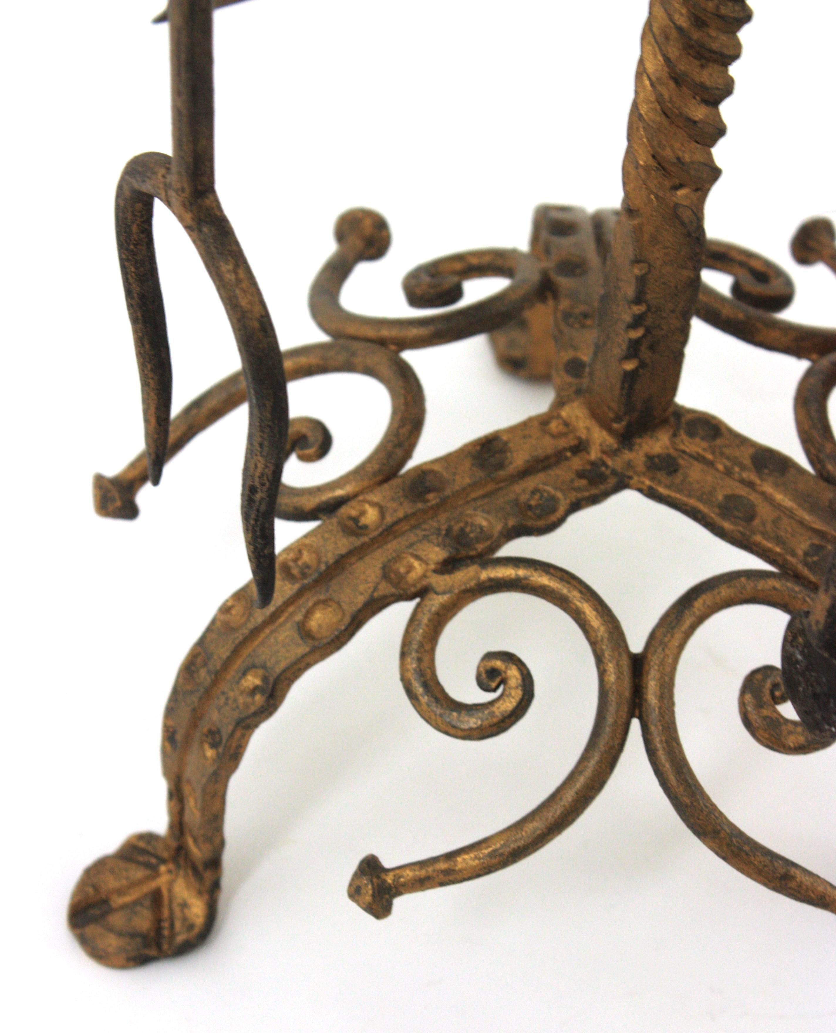 Fireplace Tools Stand in Gilt Iron with Dragon Motif, Spain 1940s For Sale 8