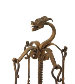 Fireplace Tools Stand in Gilt Wrought Iron with Dragon Motif, Spain, 1940s