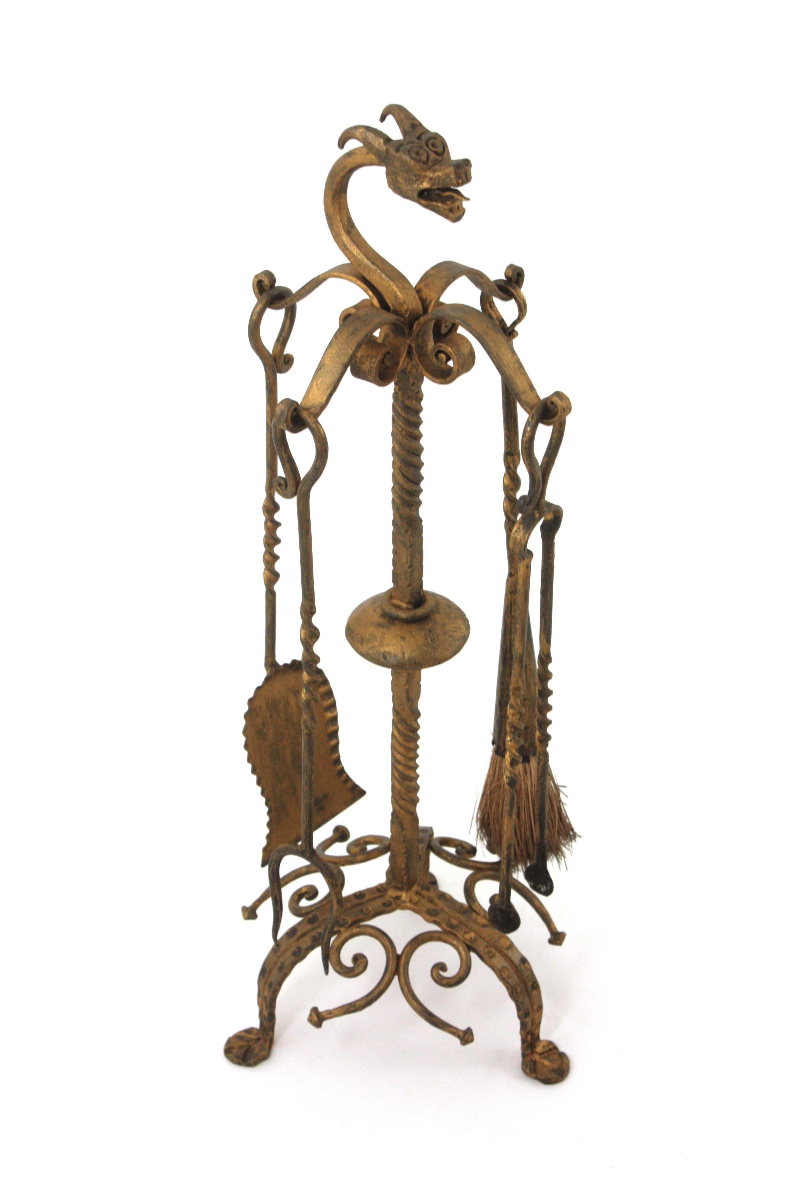 Gothic Fireplace Tools Stand in Gilt Iron with Dragon Motif, Spain 1940s For Sale