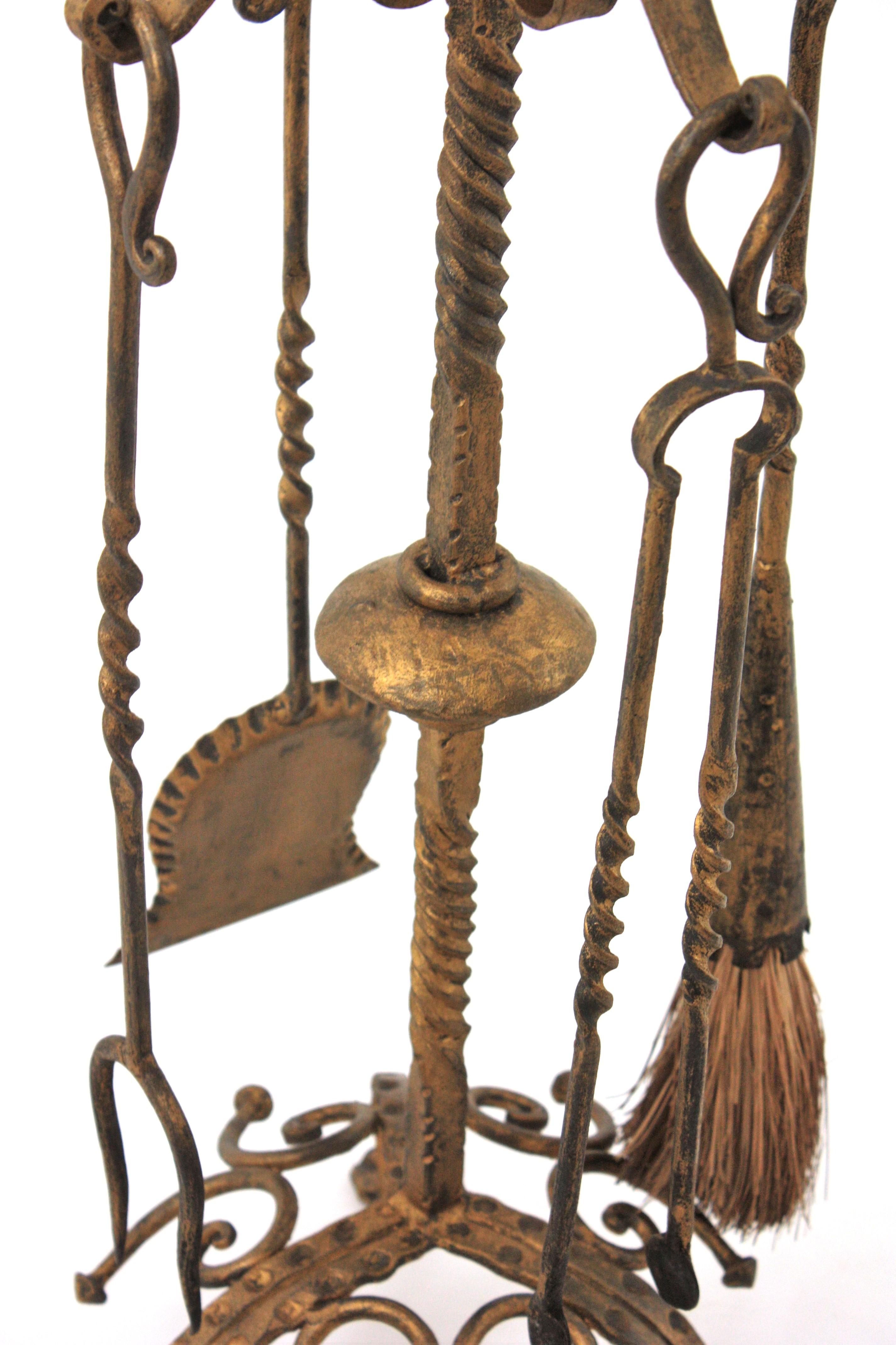 Spanish Fireplace Tools Stand in Gilt Iron with Dragon Motif, Spain 1940s For Sale