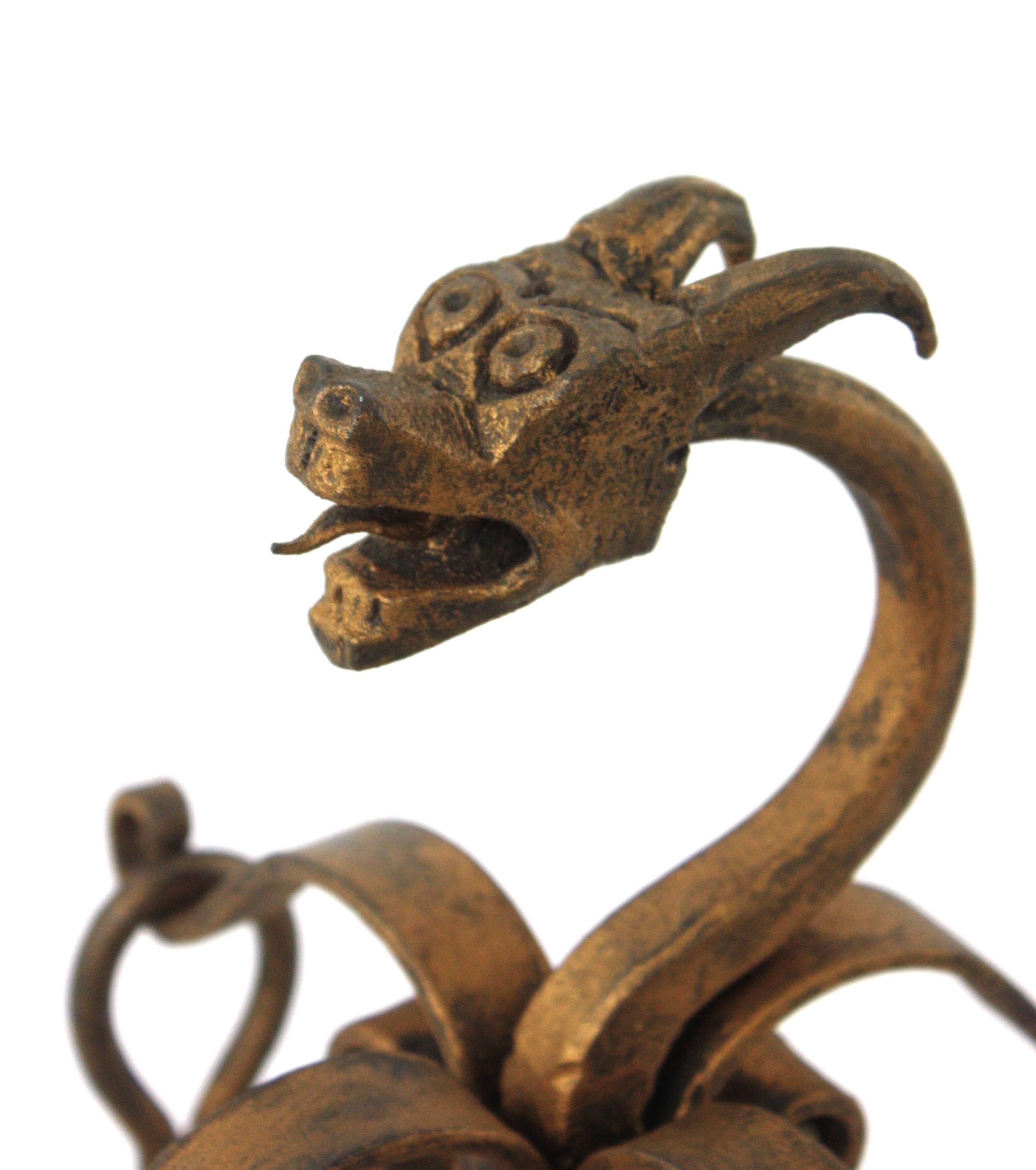 Forged Fireplace Tools Stand in Gilt Iron with Dragon Motif, Spain 1940s For Sale