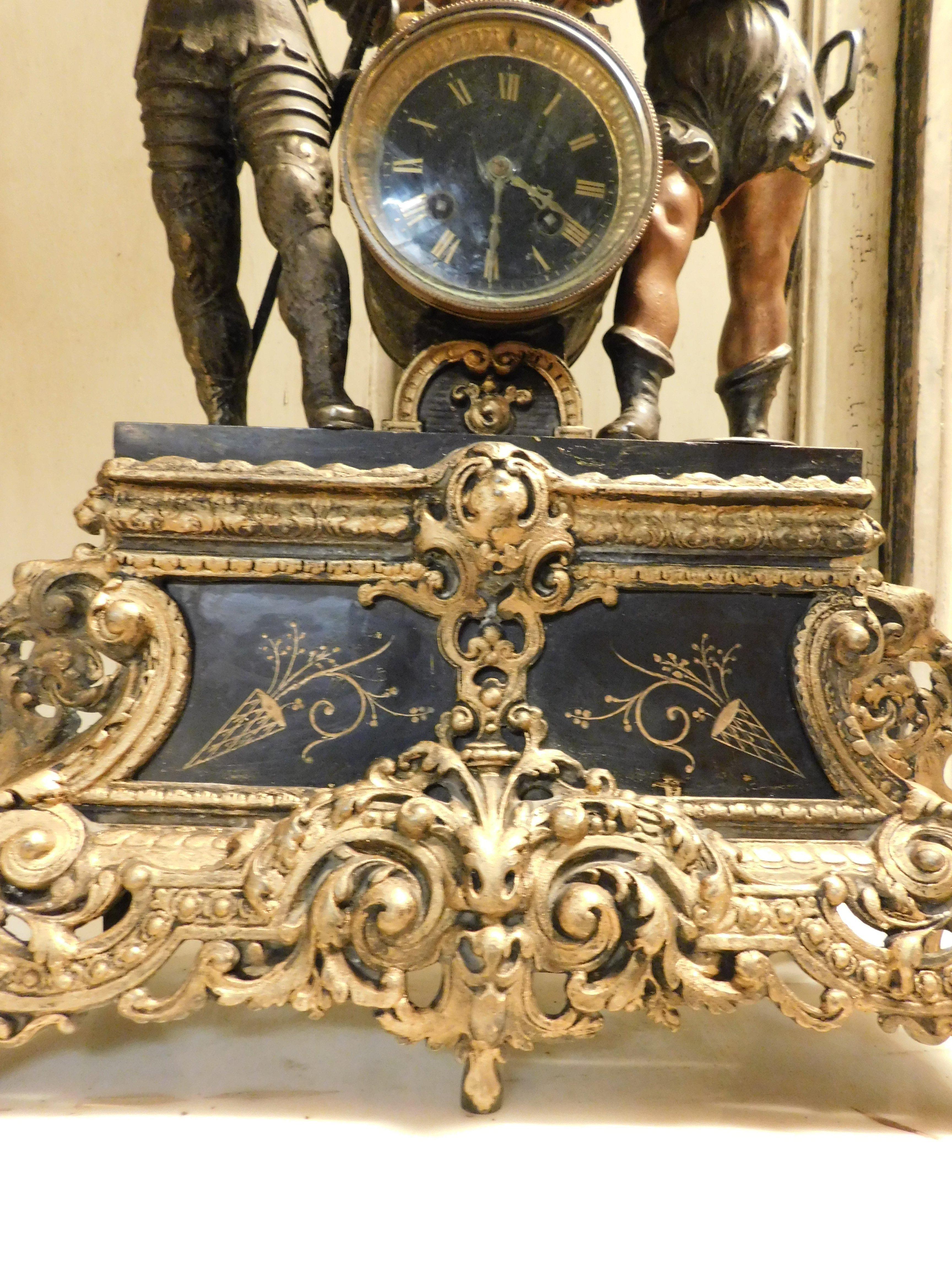 19th Century fireplace triptych in bronze formed by clock and 2 candlesticks, Italy For Sale